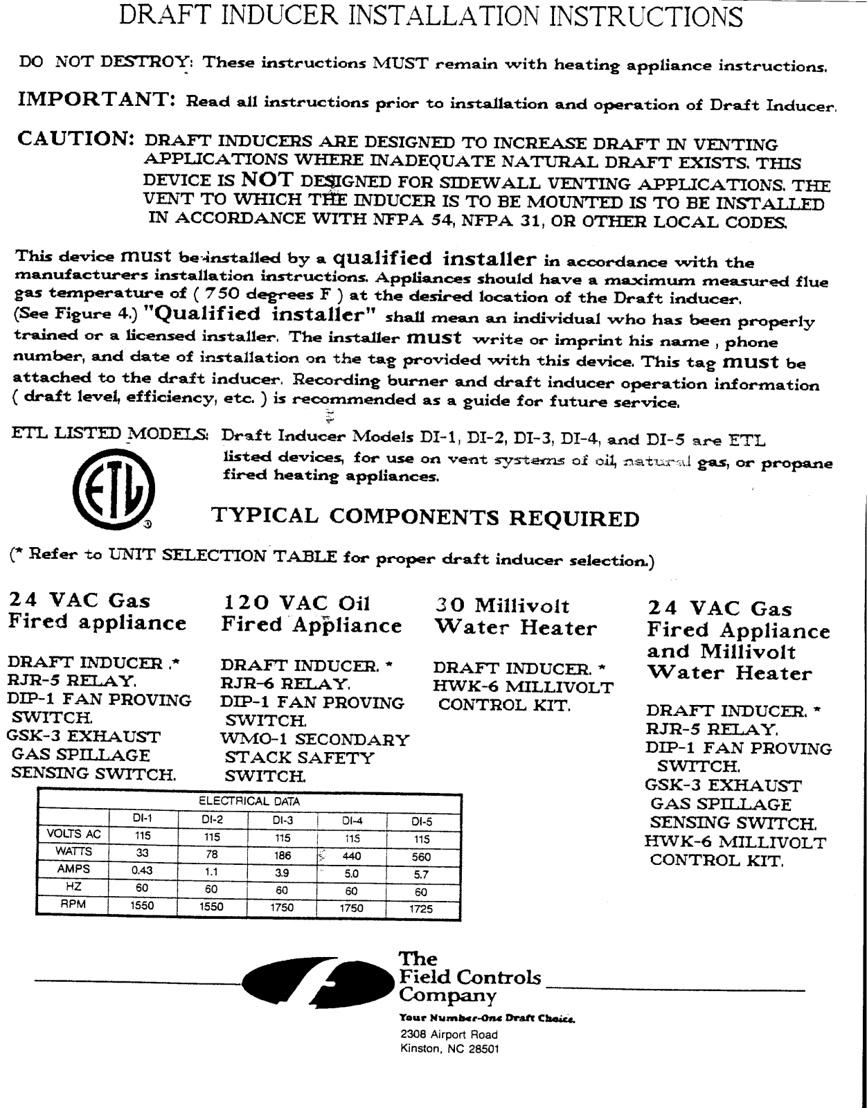 Field Controls B794588 User Manual