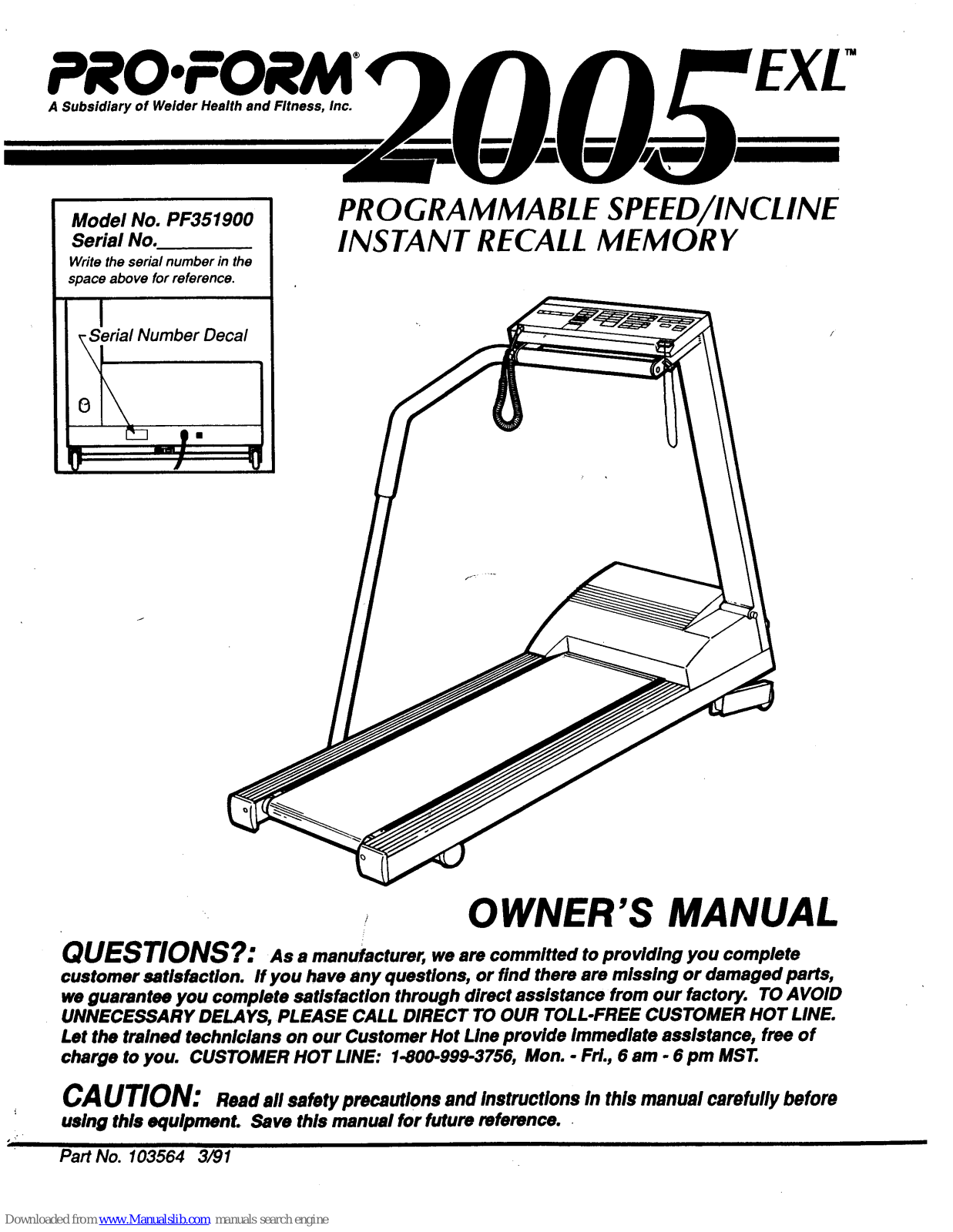 ProForm 2005 Exl, PF351900 Owner's Manual