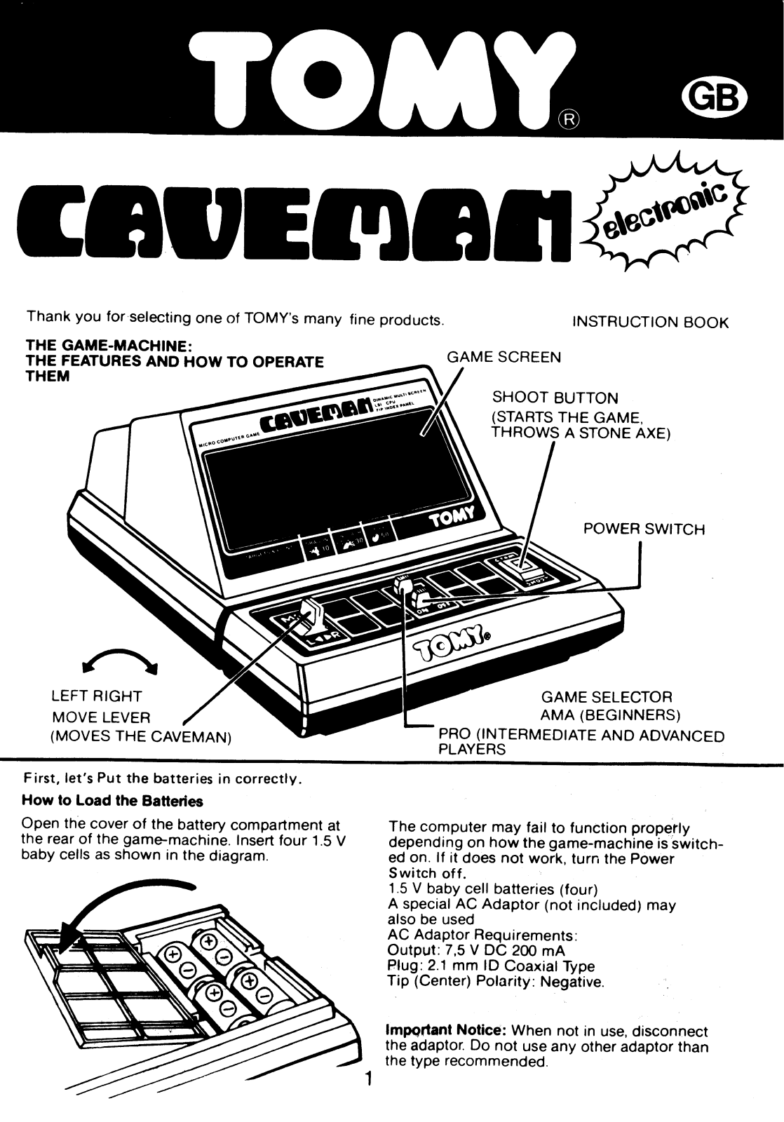 Tomy Caveman User Guide