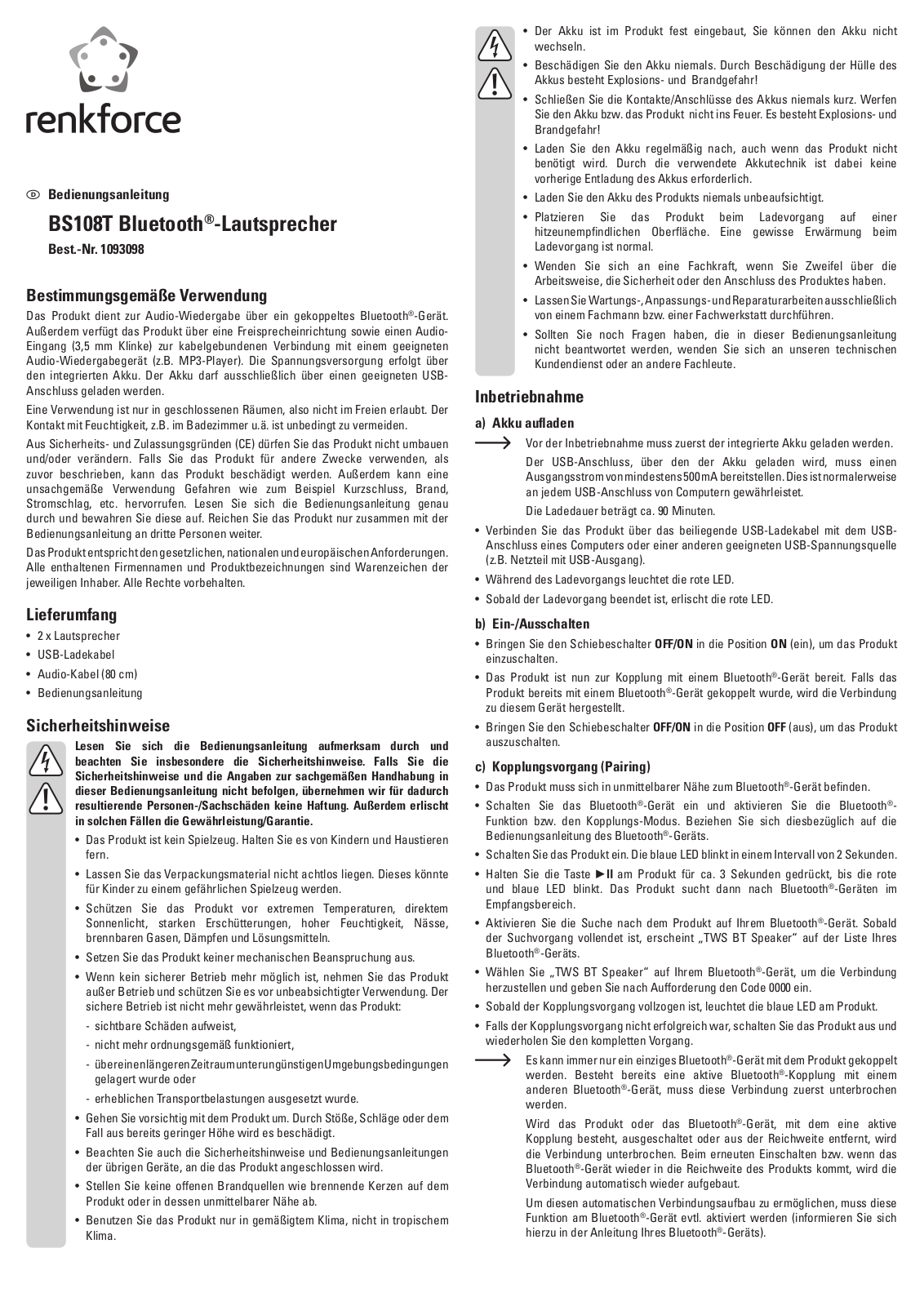 Renkforce BS108T Operating Instructions