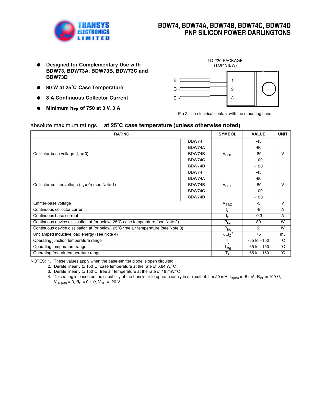 TEL BDW74D, BDW74D, BDW74C, BDW74C, BDW74B Datasheet