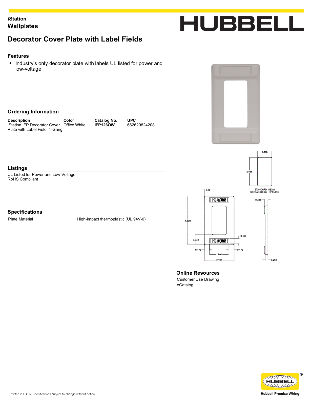 Hubbell IFP126OW Specifications