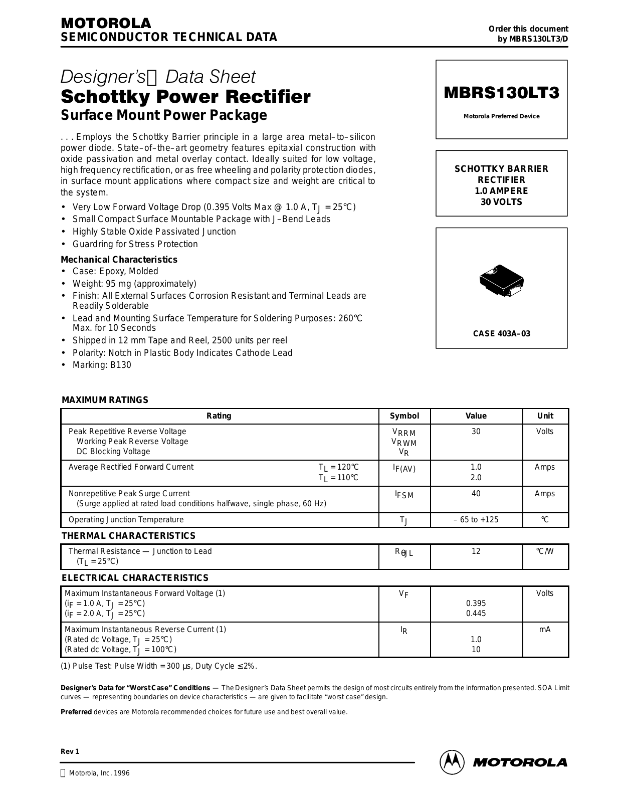 Motorola MBRS130LT3 Datasheet