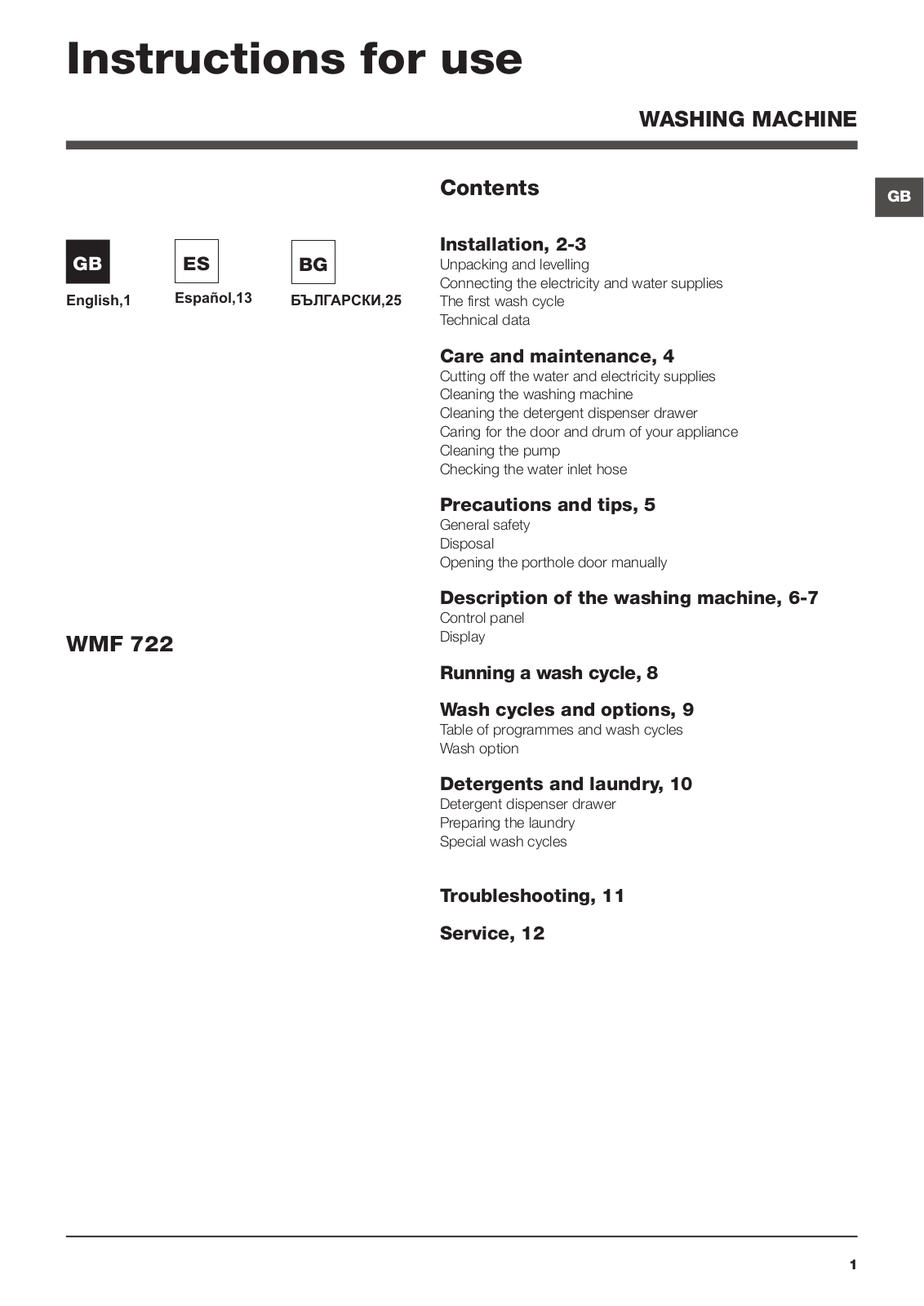 Hotpoint Ariston WMF 722 User Manual