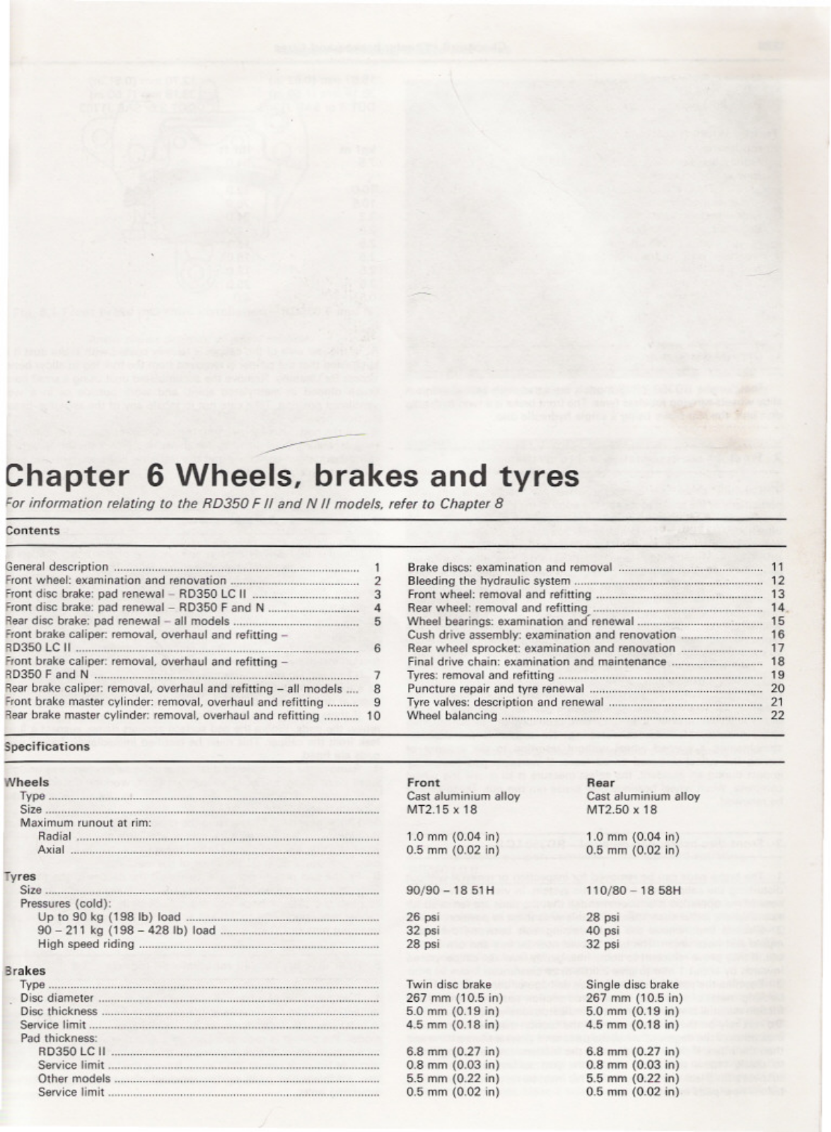 Yamaha RD350 YPVS Service Manual 6 Wheels, brakes and tyres