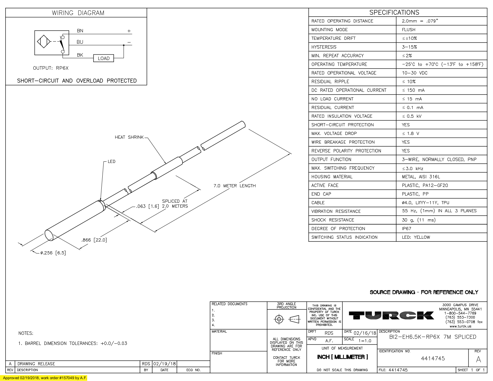 Turck BI2-EH6.5K-RP6X7MSPLICED Data Sheet