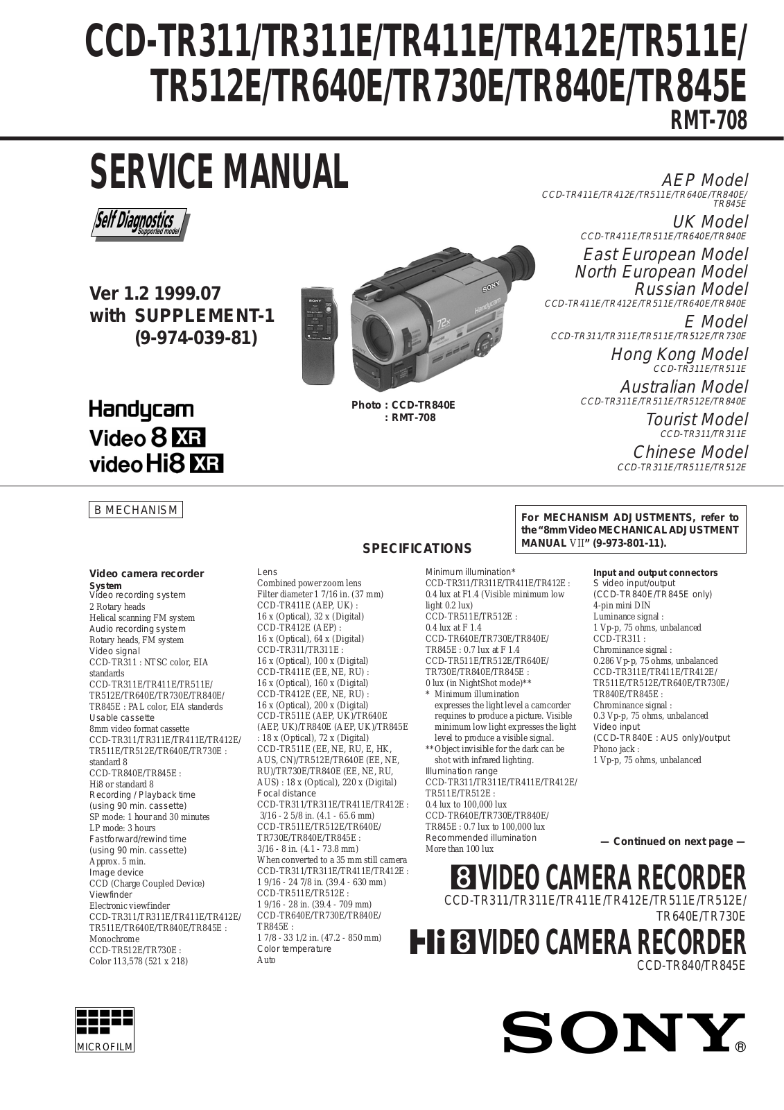 Sony CCD-TR311, CCD-TR311E, CCD-TR411E, CCD-TR412E, CCD-TR511E Service manual