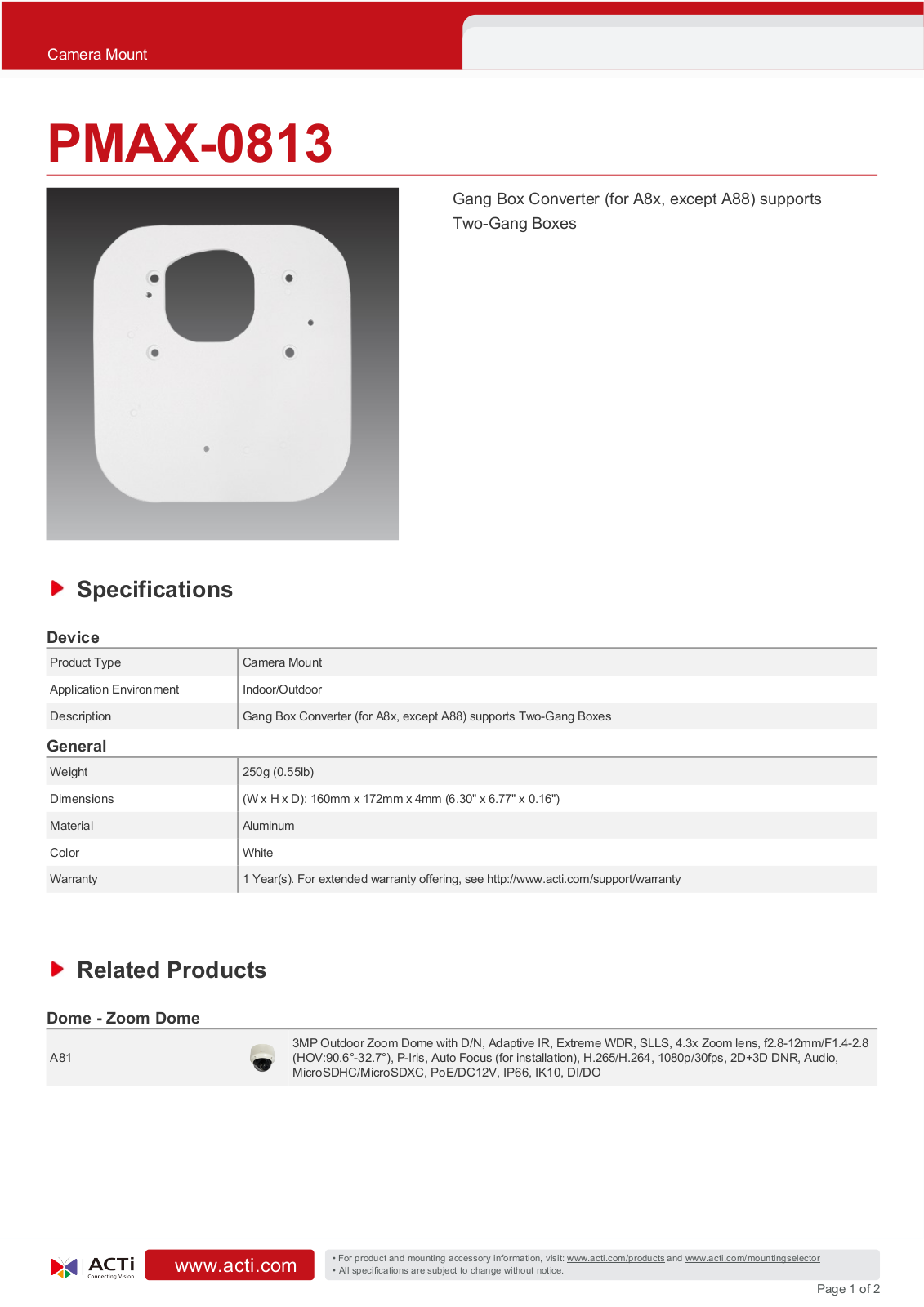 ACTi PMAX-0813 Specsheet