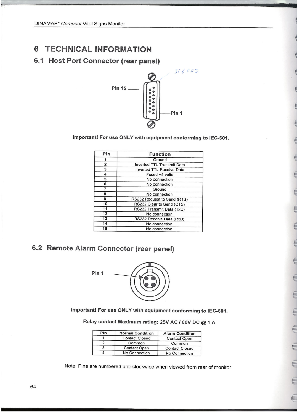 Critikon Dinamap Compact Remote Alarm connector