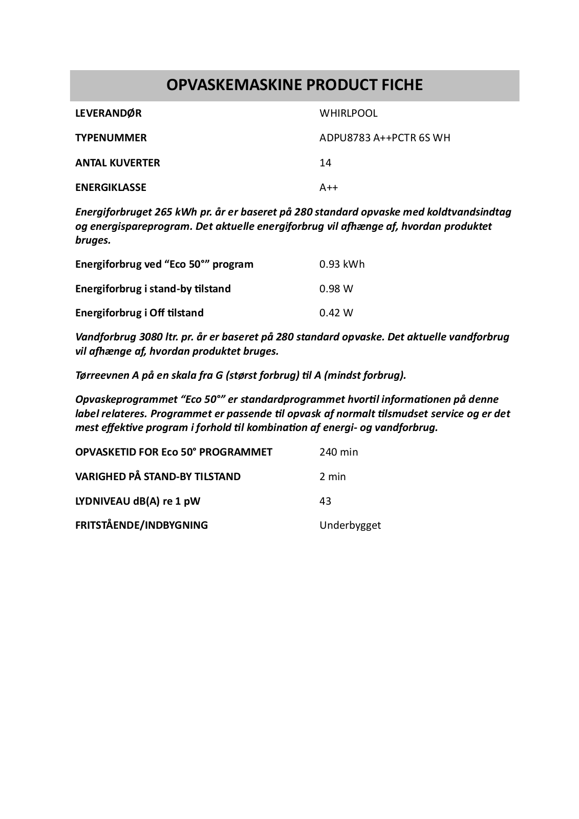 Whirlpool ADPU8783 A PCTR 6S WH PRODUCT SHEET