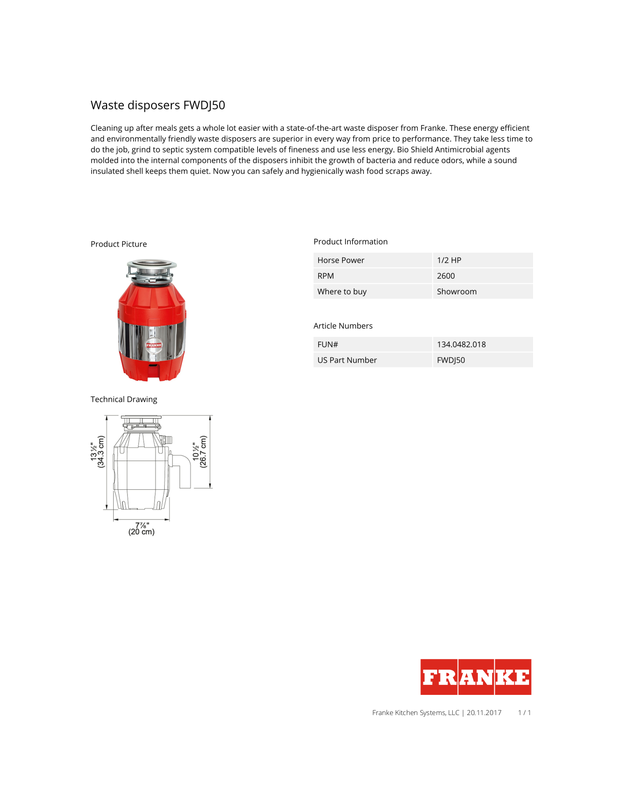 Franke FWDJ50 Specification Sheet