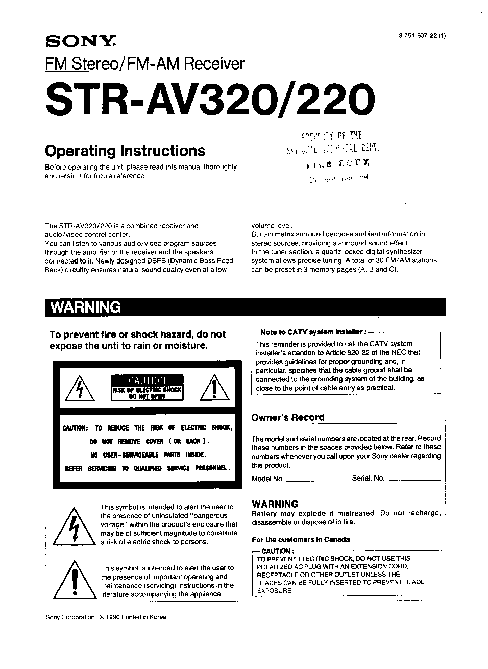 Sony STR-AV220 Operating Instruction