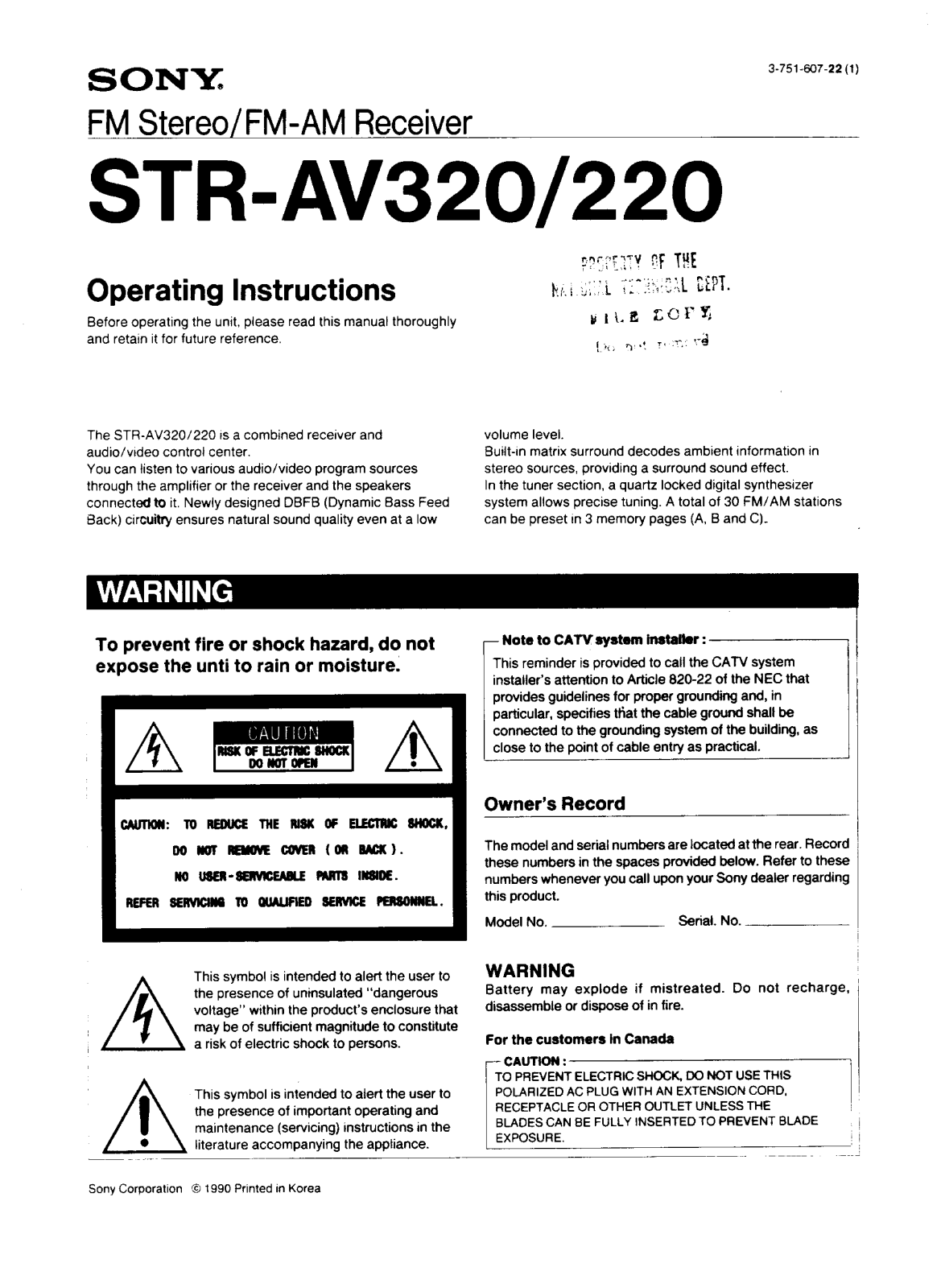 Sony STR-AV220 Operating Instruction