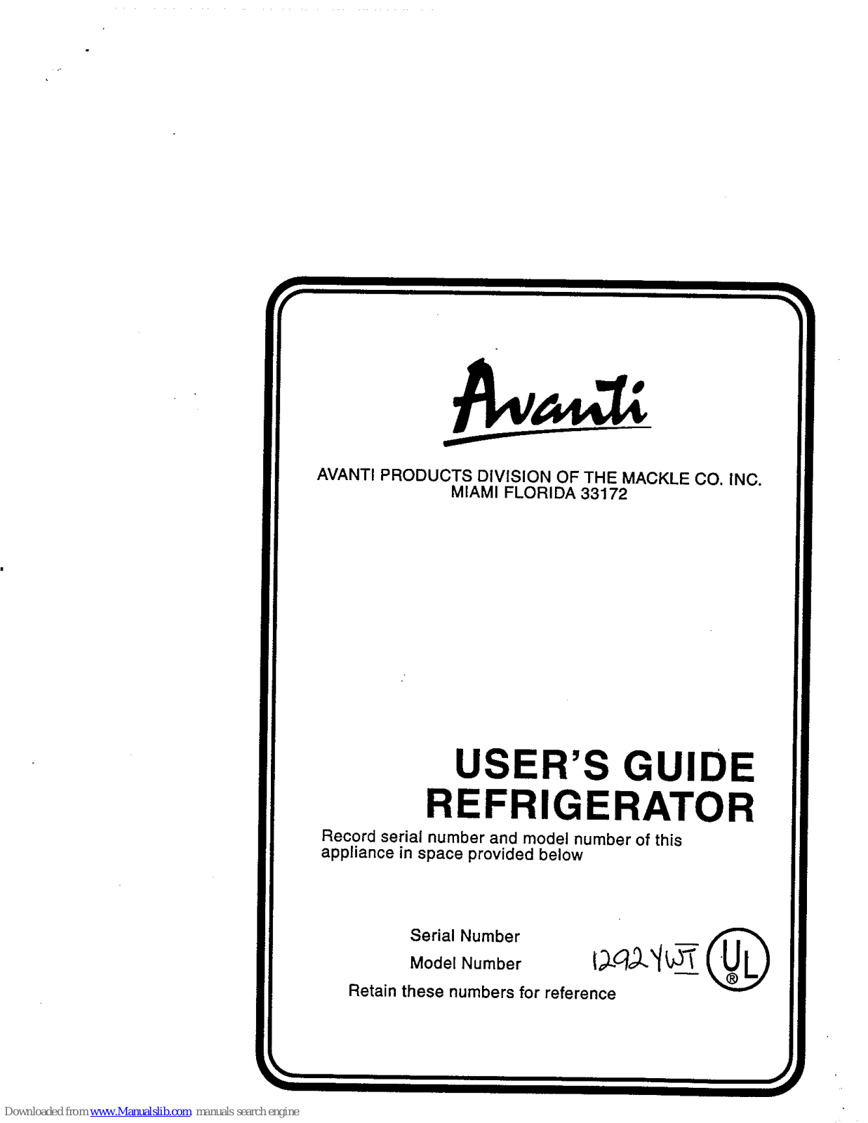 Avanti NOTFOUND 1292YWT User Manual