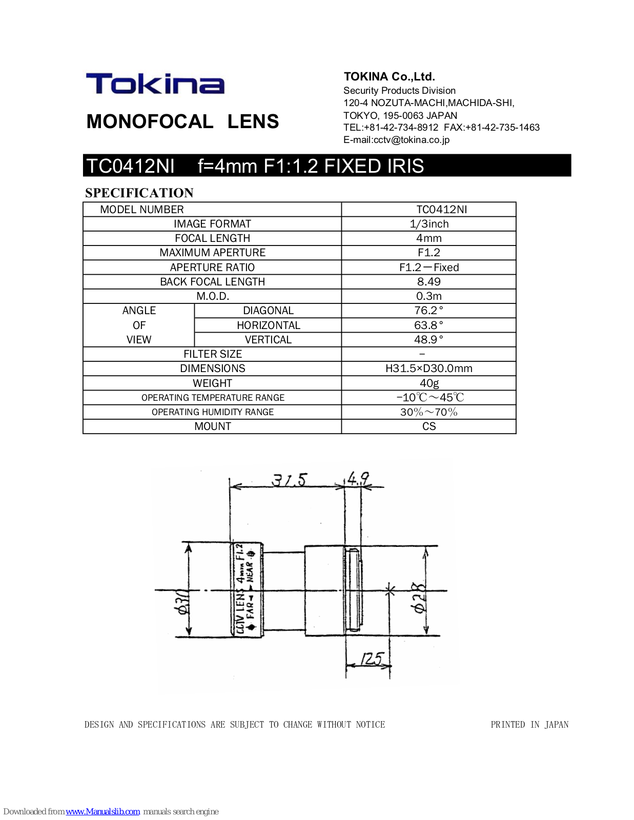 Tokina Monofocal Lens TC0412NI Specification