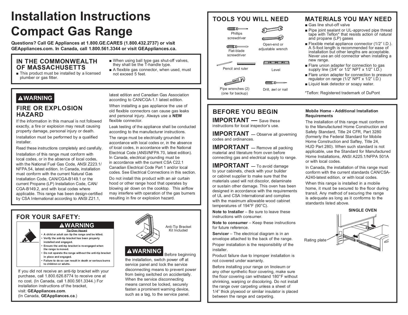 Hotpoint RGAS200DM1WW, RGAS300DM1WW Installation Guide