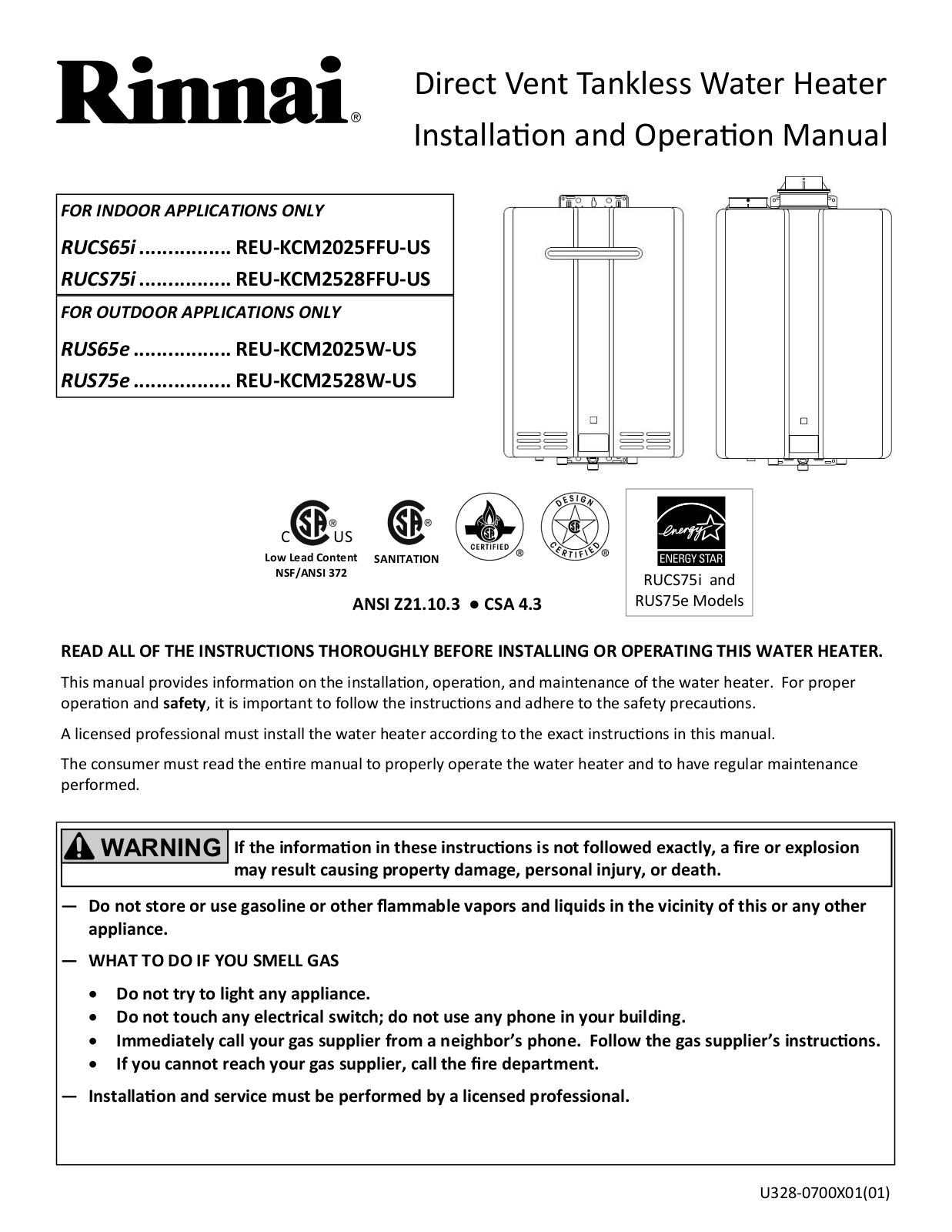 Rinnai Water Heater RUCS65iN Installation  Manual