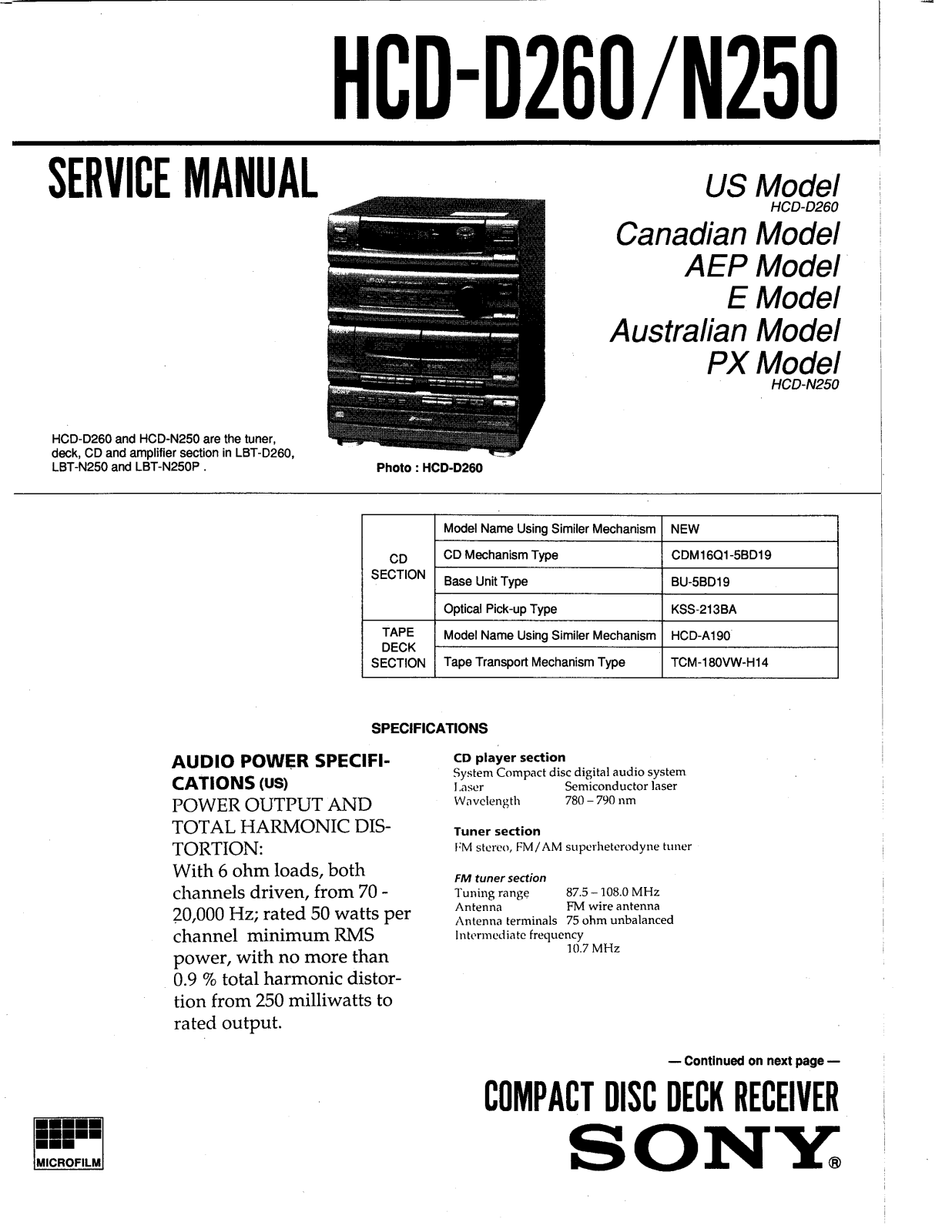 SONY HCD N250, HCD N260 Service Manual