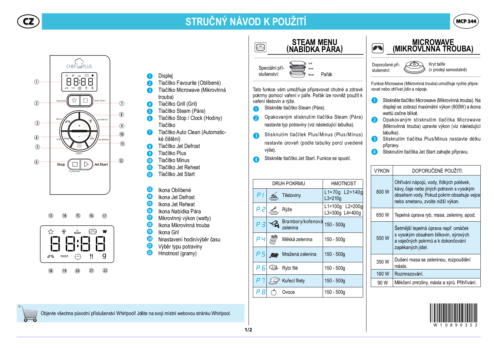 Whirlpool MCP 344 WH User Manual