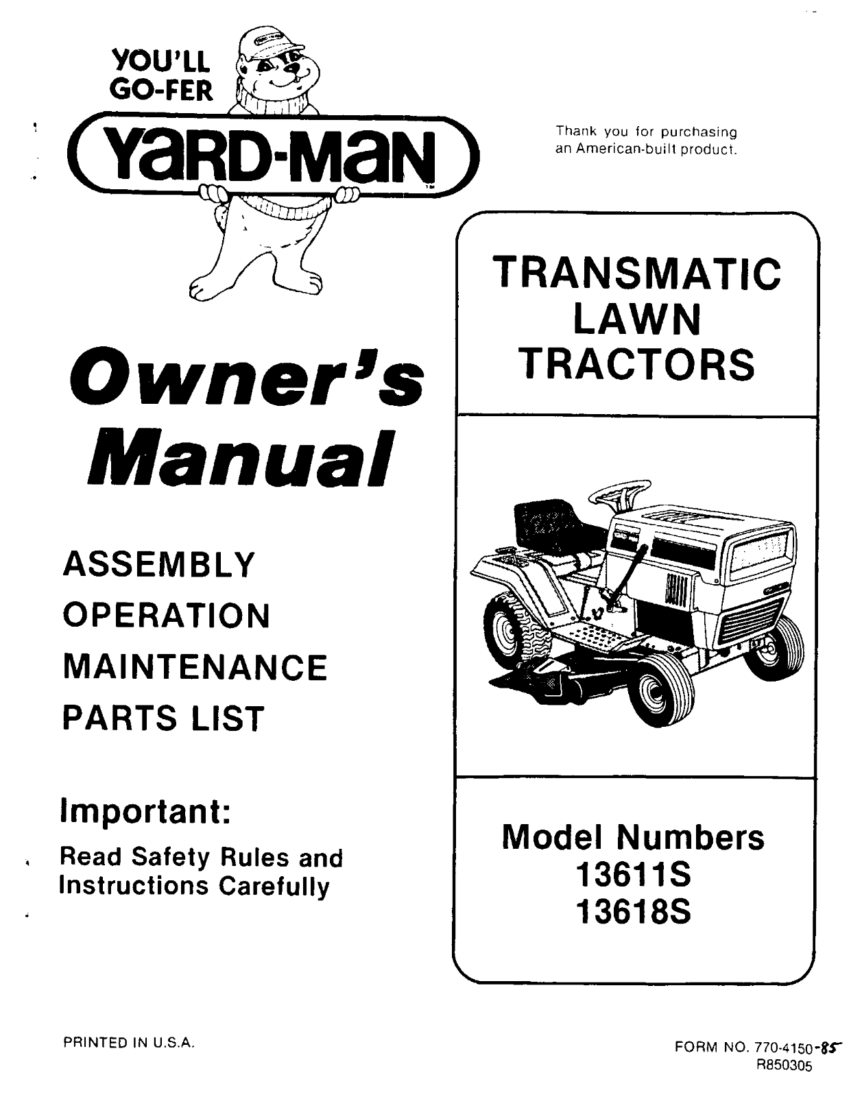 Yard-Man 13618S, 13611S User Manual