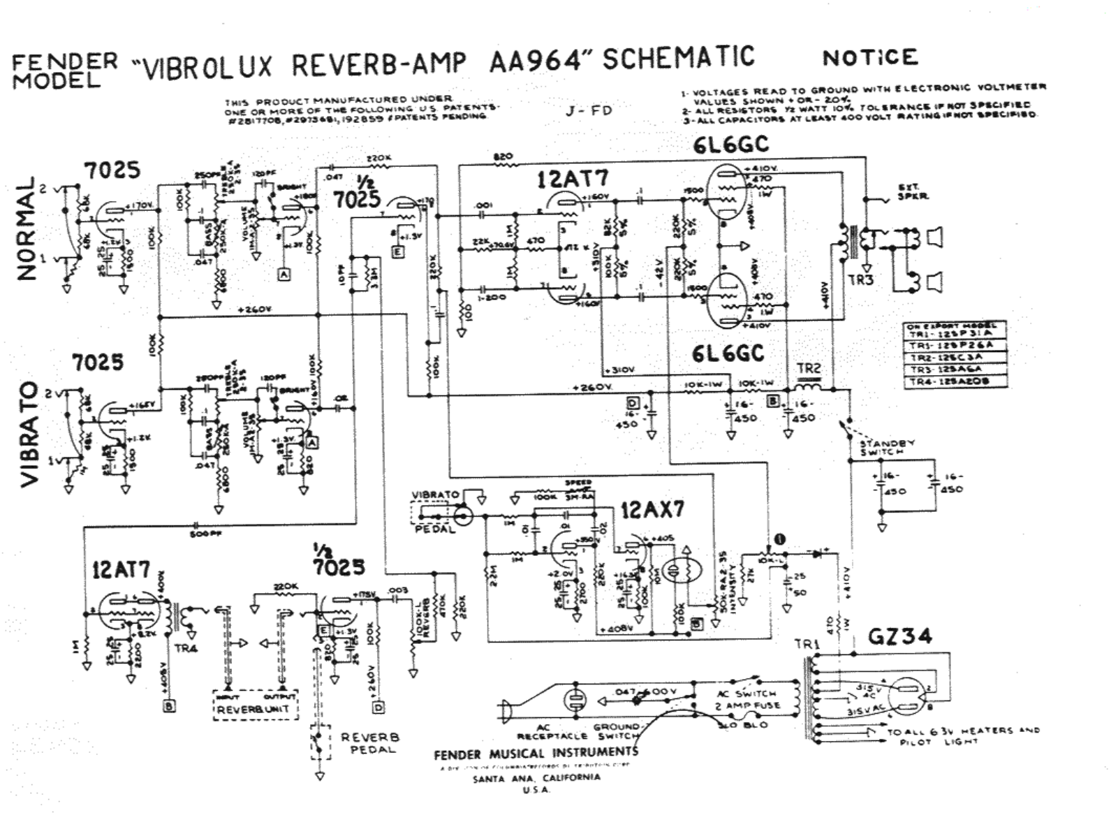 Fender Vibrolux-AA964 Schematic