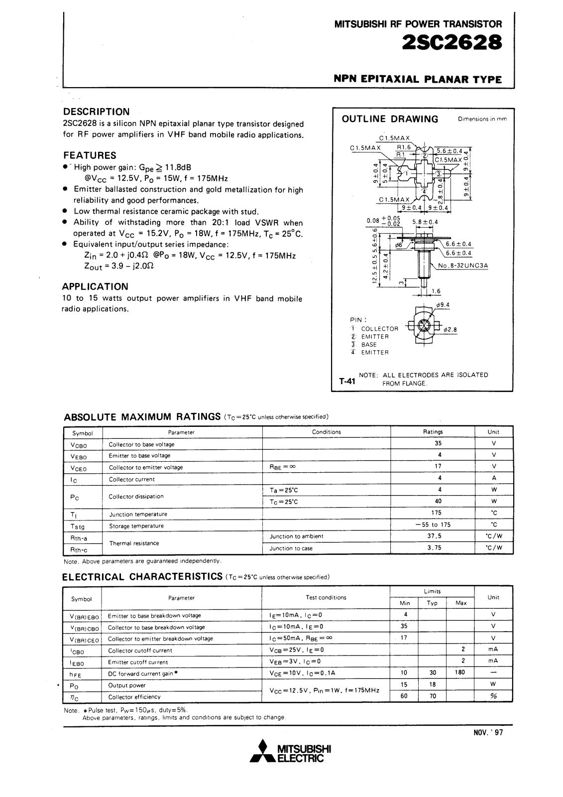 Mitsubishi Electric Corporation Semiconductor Group 2SC2628 Datasheet