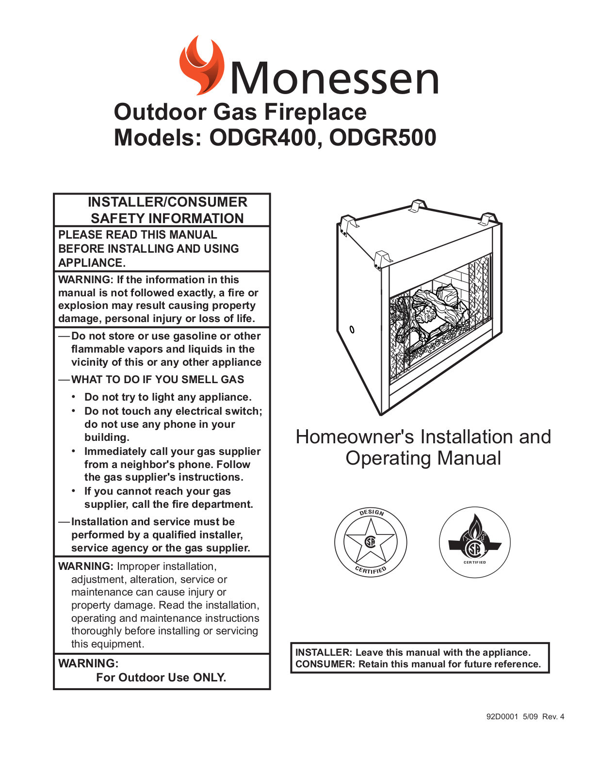 Monessen Hearth ODGR500, ODGR400 User Manual