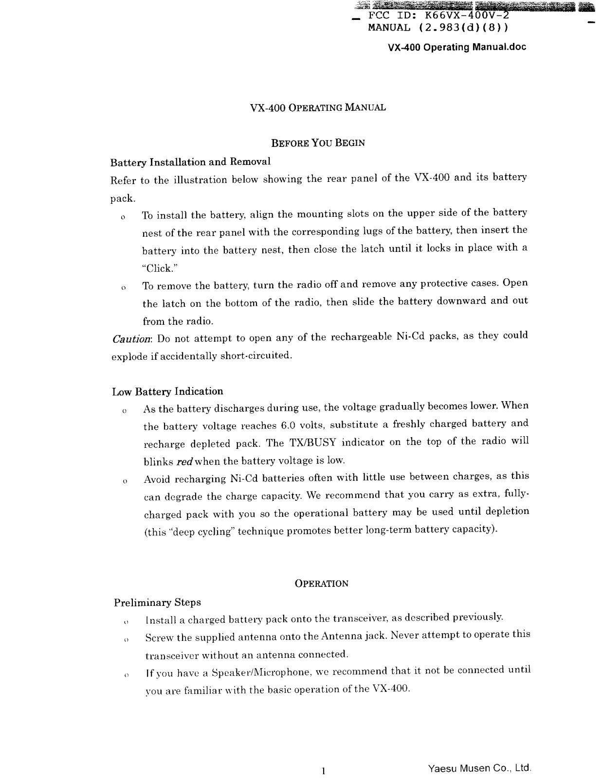 Yaesu Musen VX 400V 2 User Manual