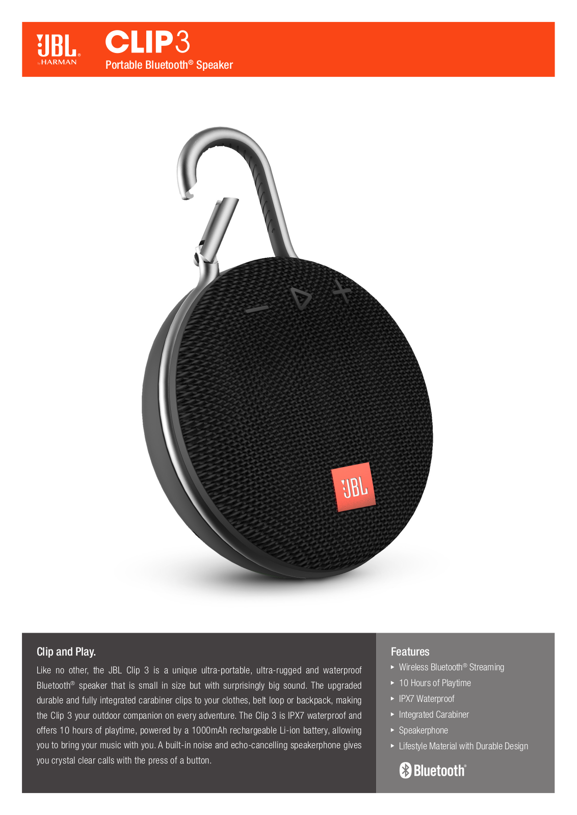 JBL Clip 3 Specifications Sheet