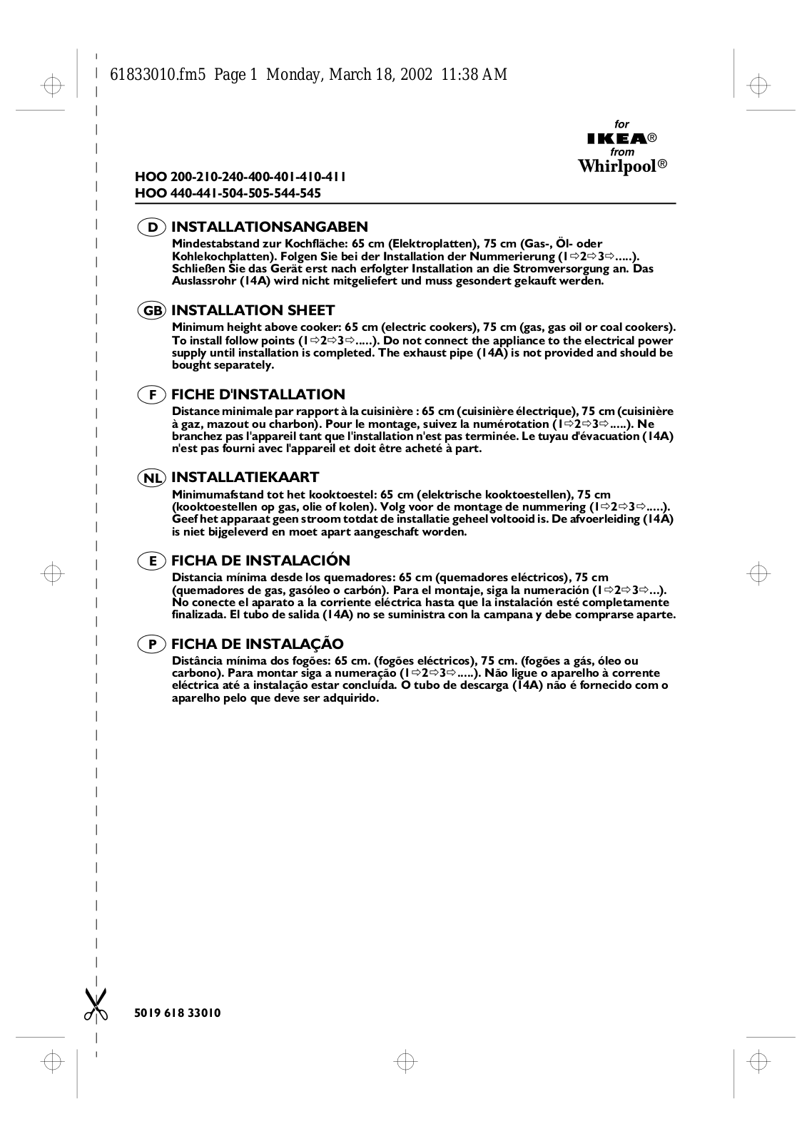 Whirlpool HOO 210 AN, HOO 240 AN, HOO 200 AN INSTRUCTION FOR USE