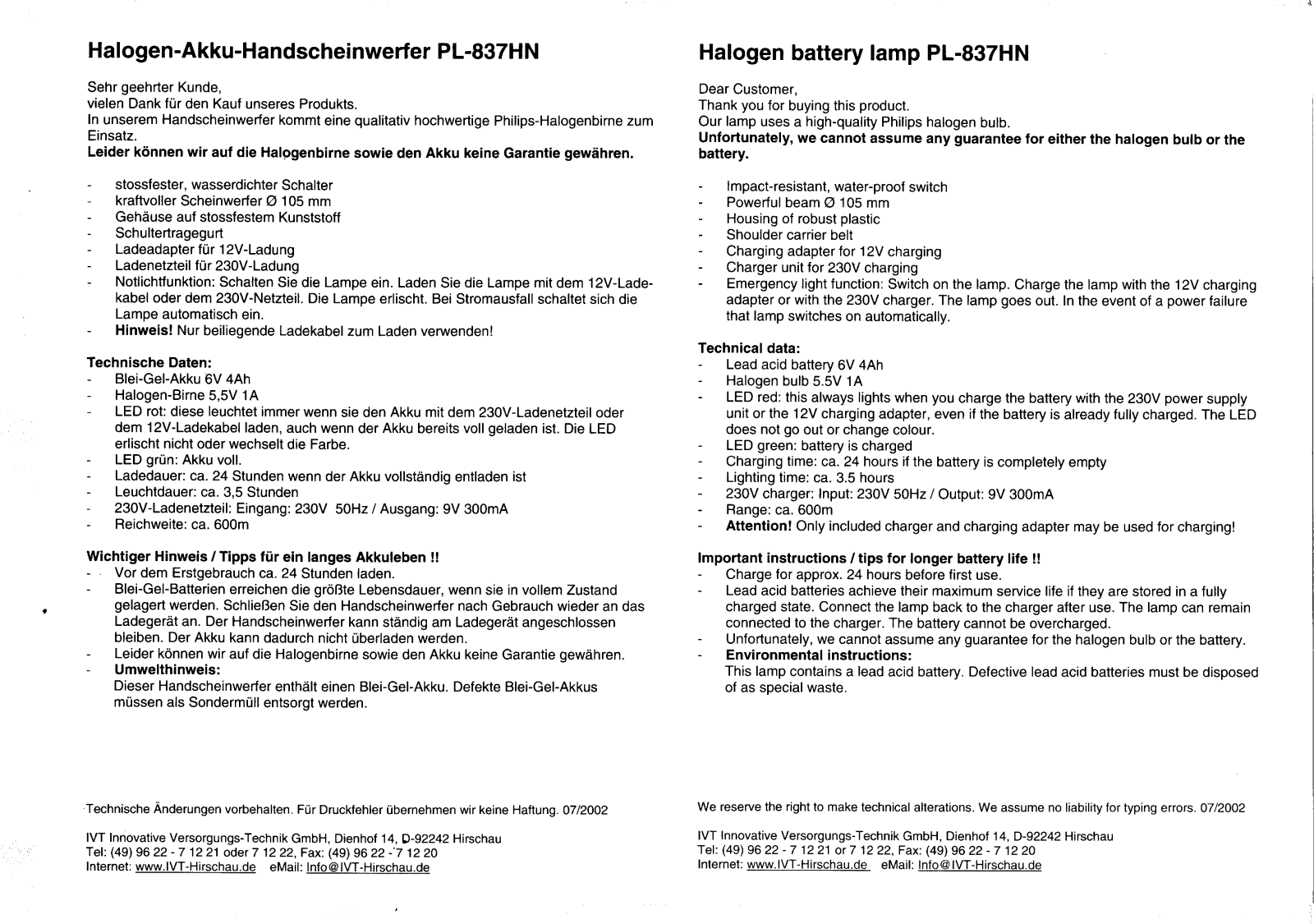 IVT PL-837HN, 85 50 12 User guide