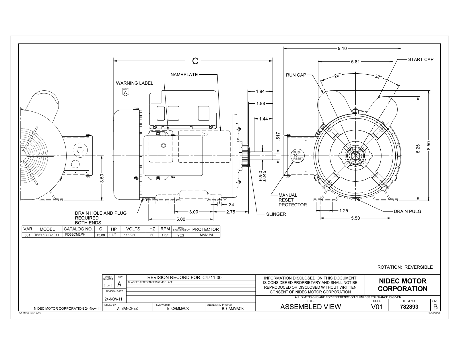 US Motors FD32CM2PH Dimensional Sheet