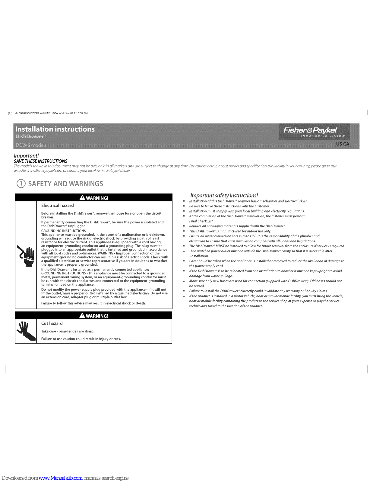 Fisher & Paykel DishDrawer DD24S Series Installation Instructions Manual