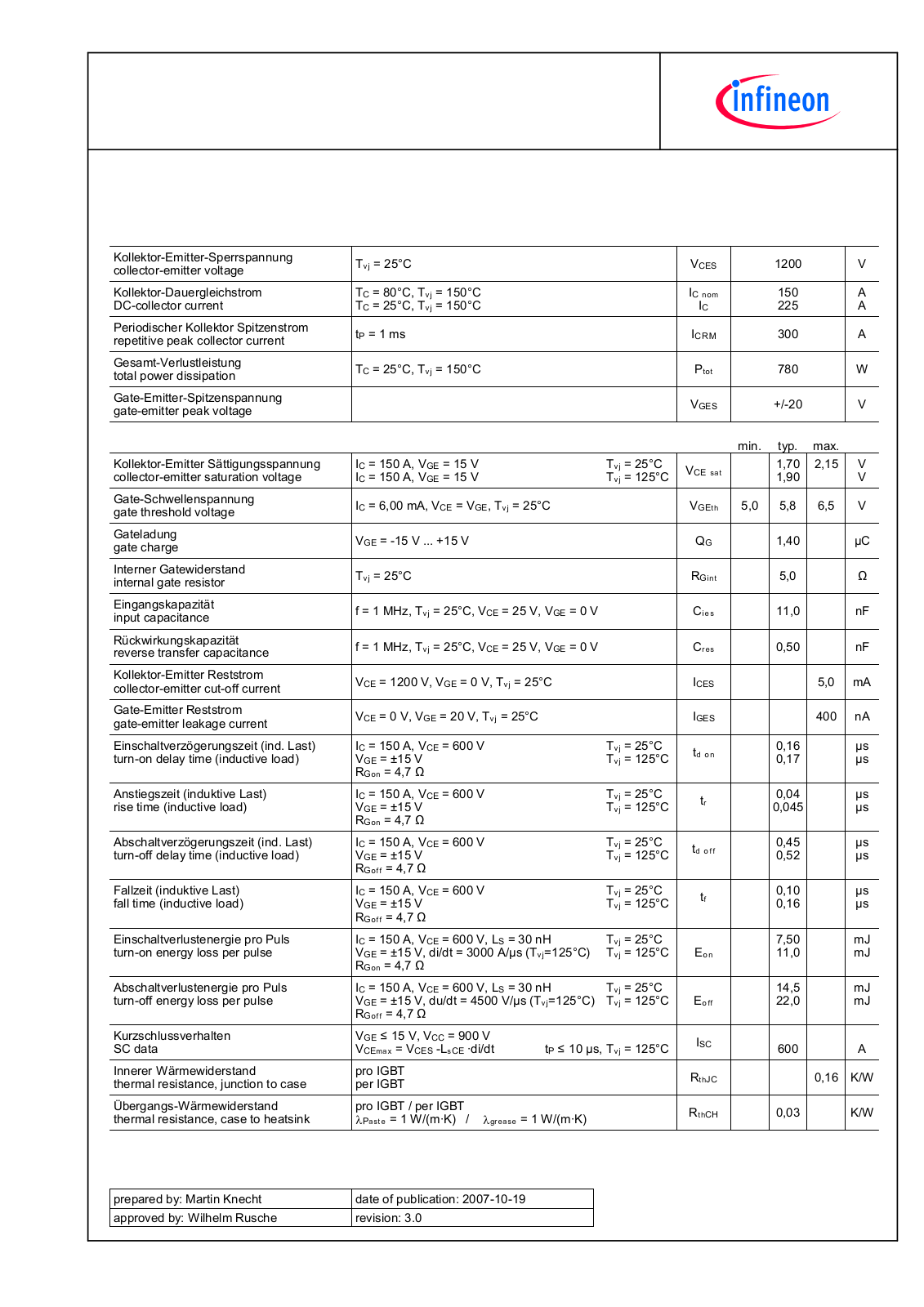 Infineon FF150R12KT3G Data Sheet