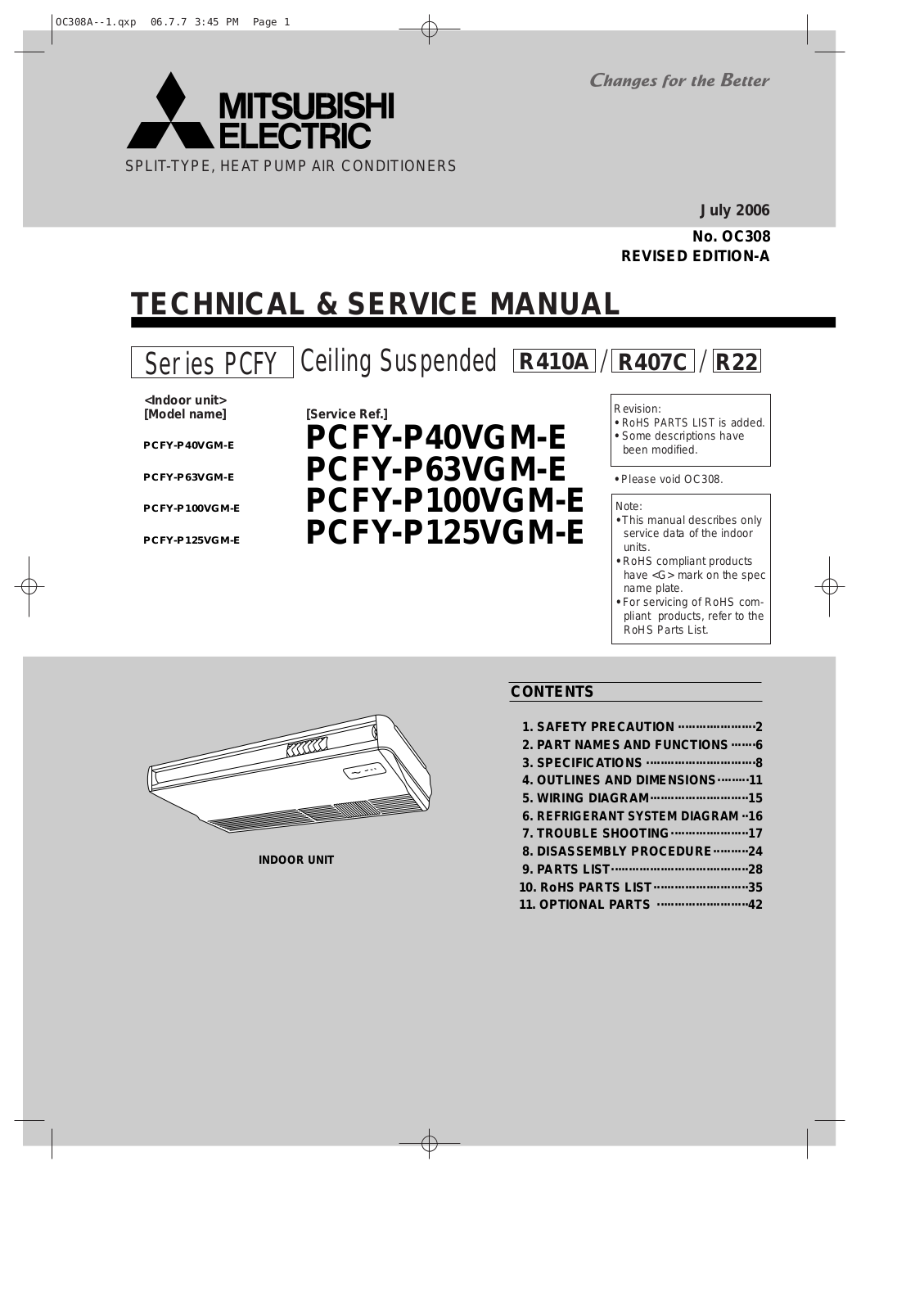 Mitsubishi PCFY-P40VGM-E, PCFY-P63VGM-E, PCFY-P100VGM-E, PCFY-P125VGM-E Service Manual