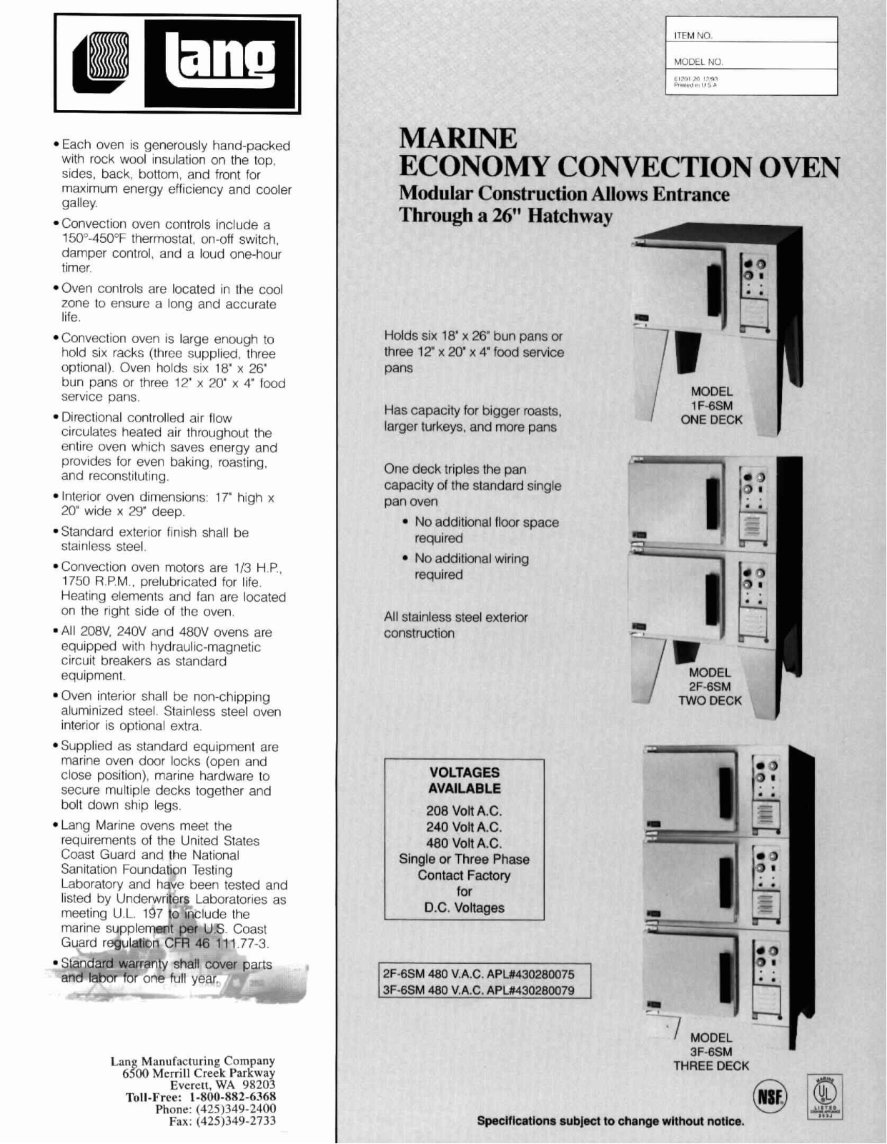 Lang Manufacturing 1F-6SM User Manual