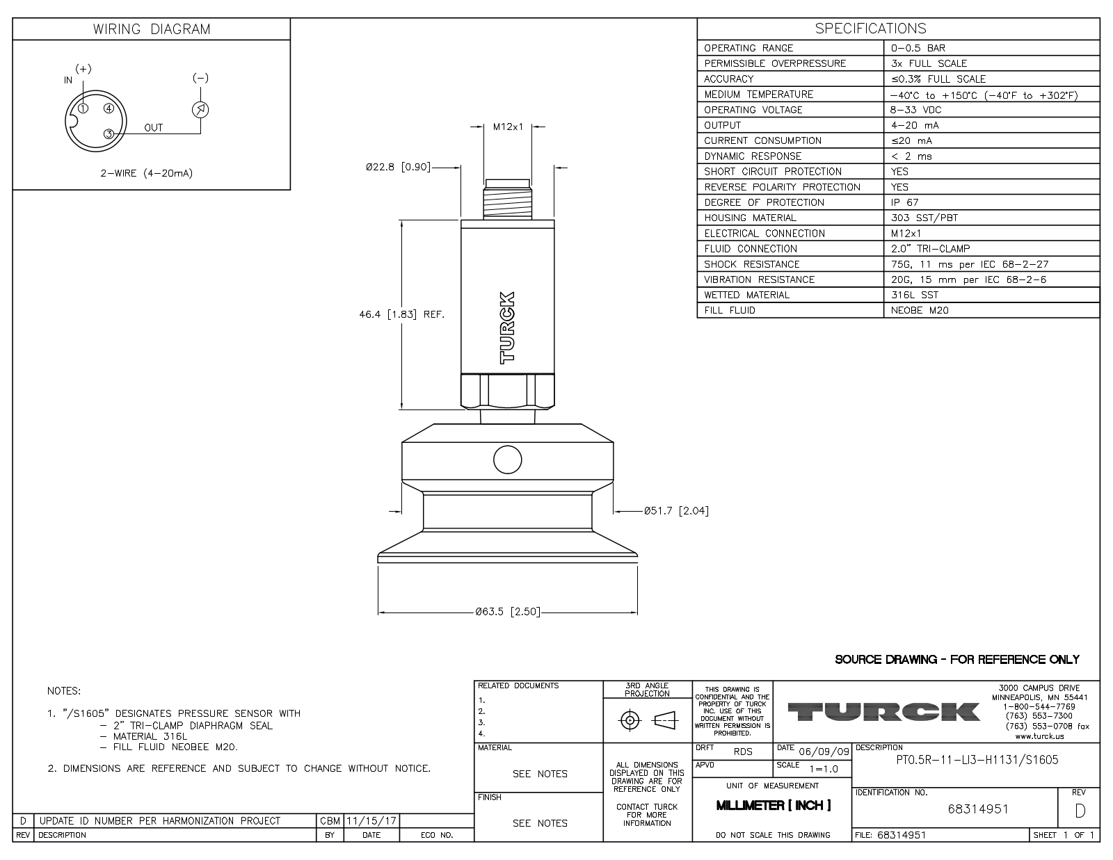 Turck PT0.5R-11-LI3-H1131/S1605 Data Sheet