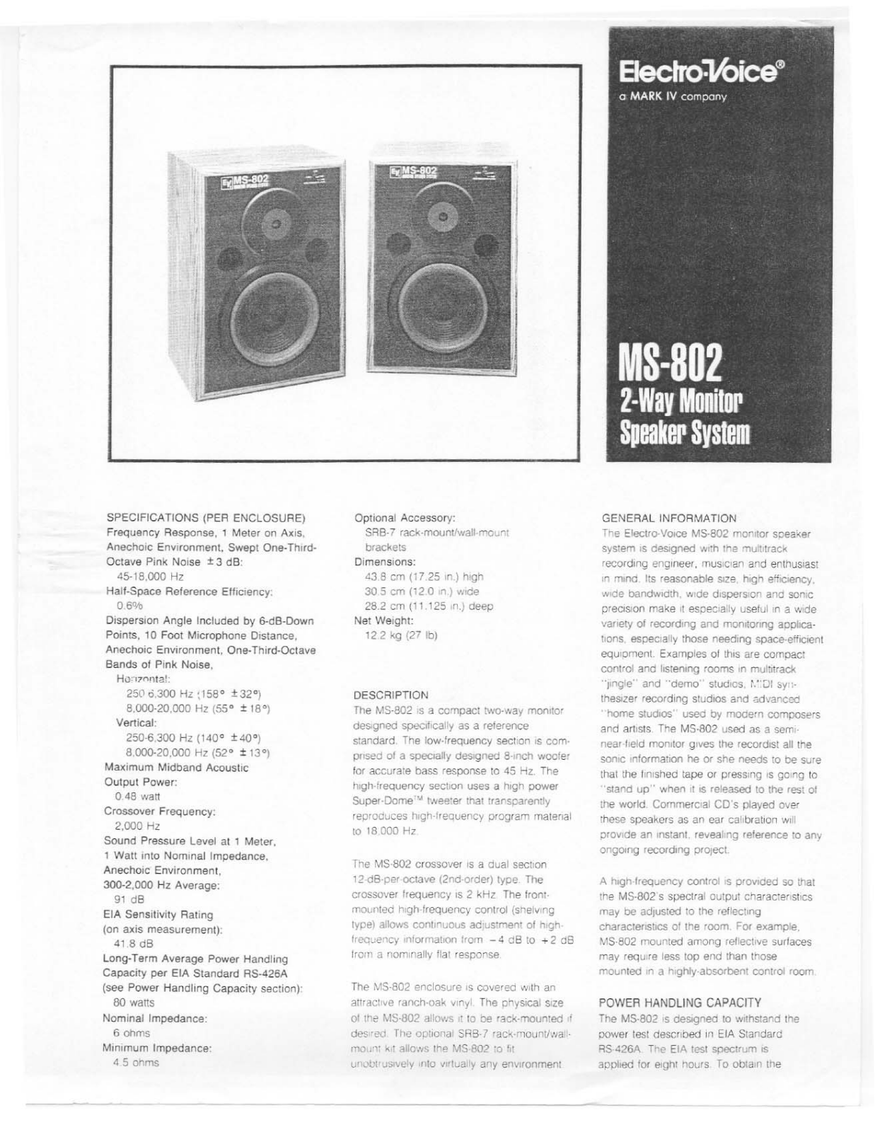 Electro-voice MS-802 DATASHEET