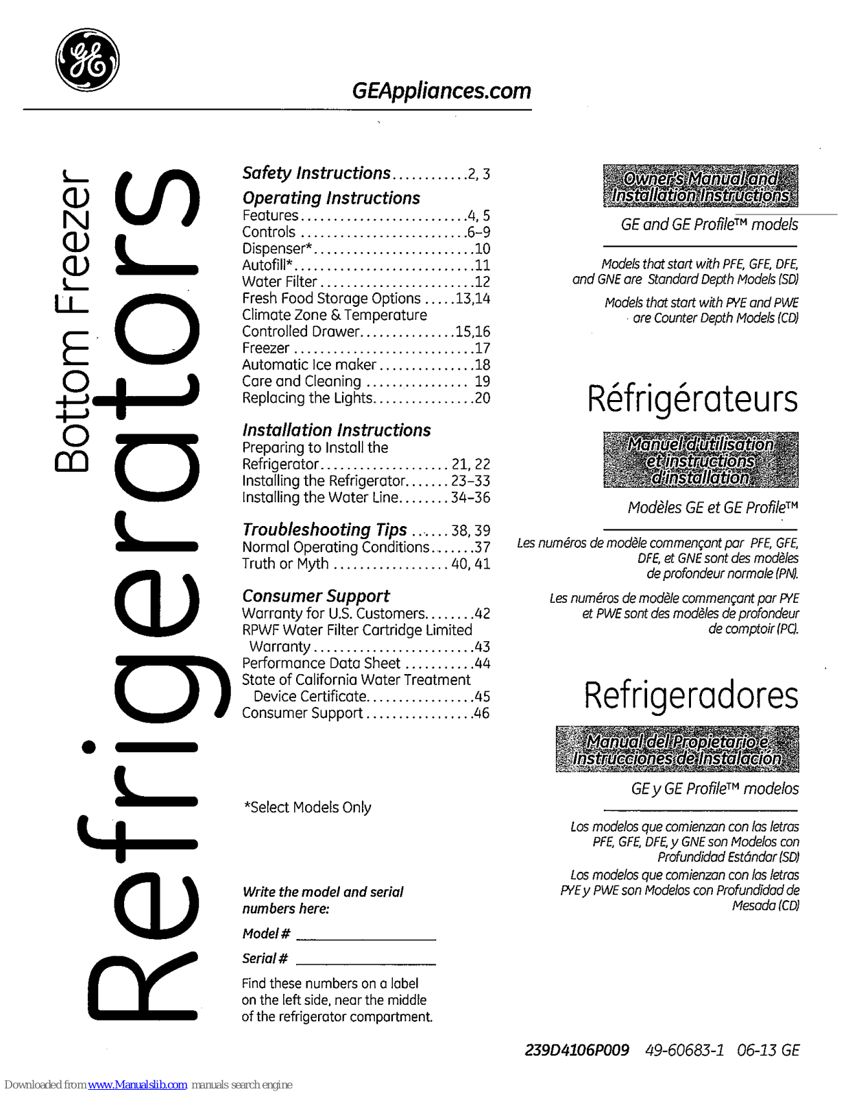 GE PFE Series, GFE Series, PWE Series, DFE Series, GNE Series Owner's Manual And Installation Instructions