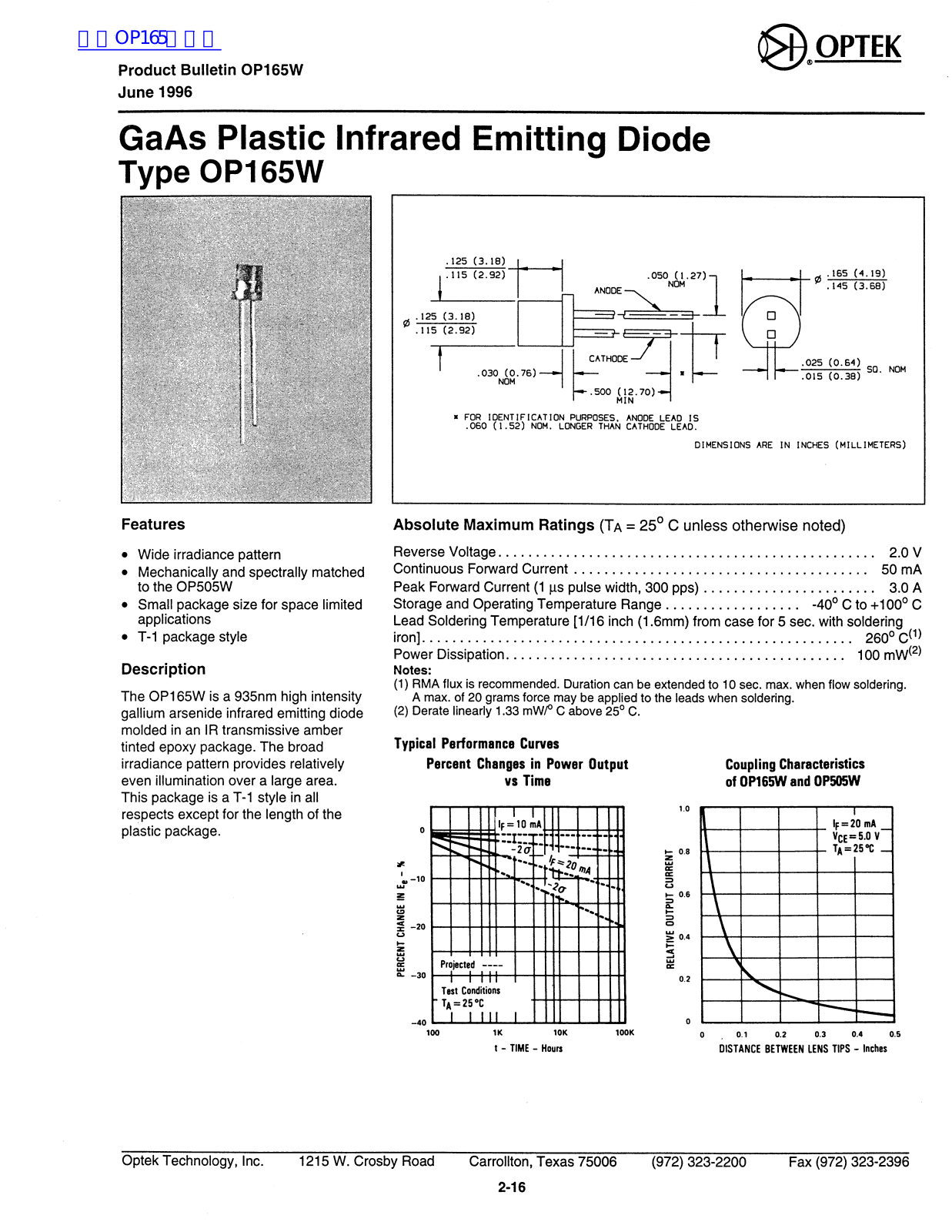 OPTEK OP165W Technical data - ManualMachine.com