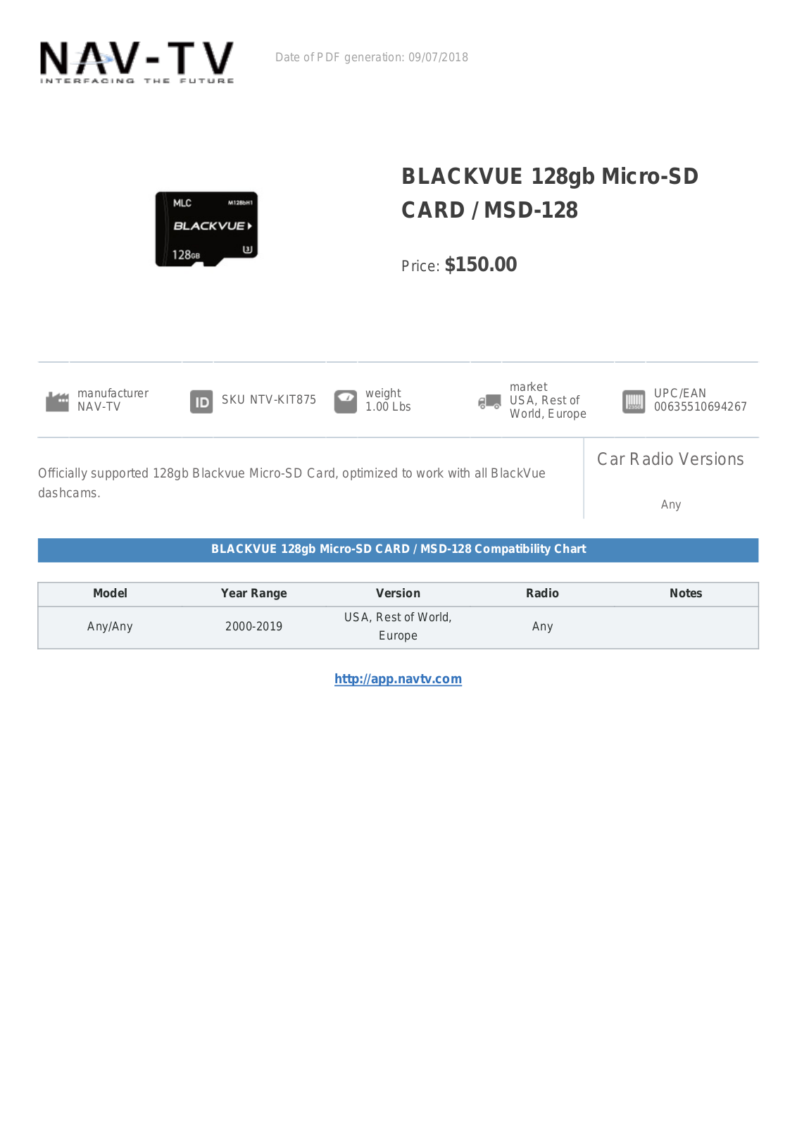 NAV-TV MSD-128 Specification Sheet