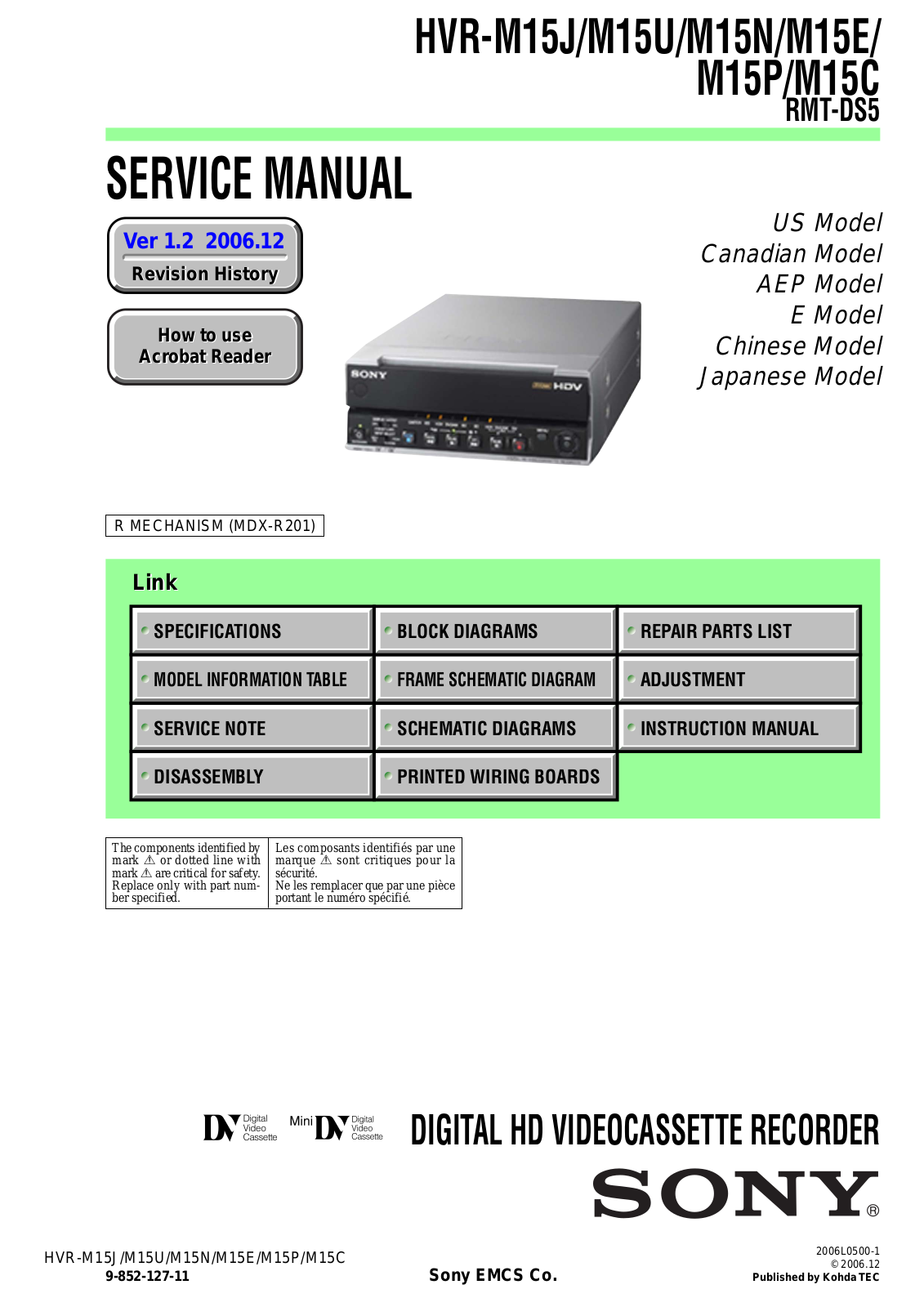 Sony HVR-M15J, HVR-M15U, HVR-M15N Service Manual