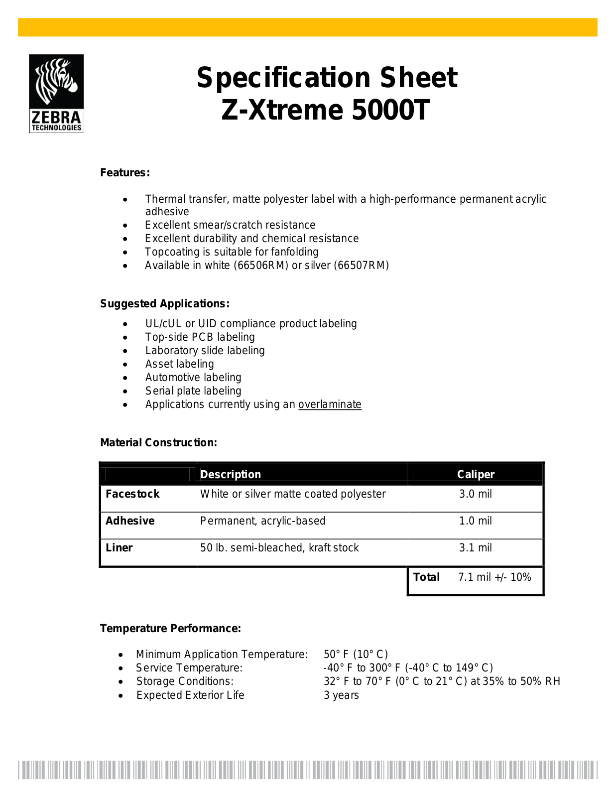 Zebra 3011748 Product Data Sheet