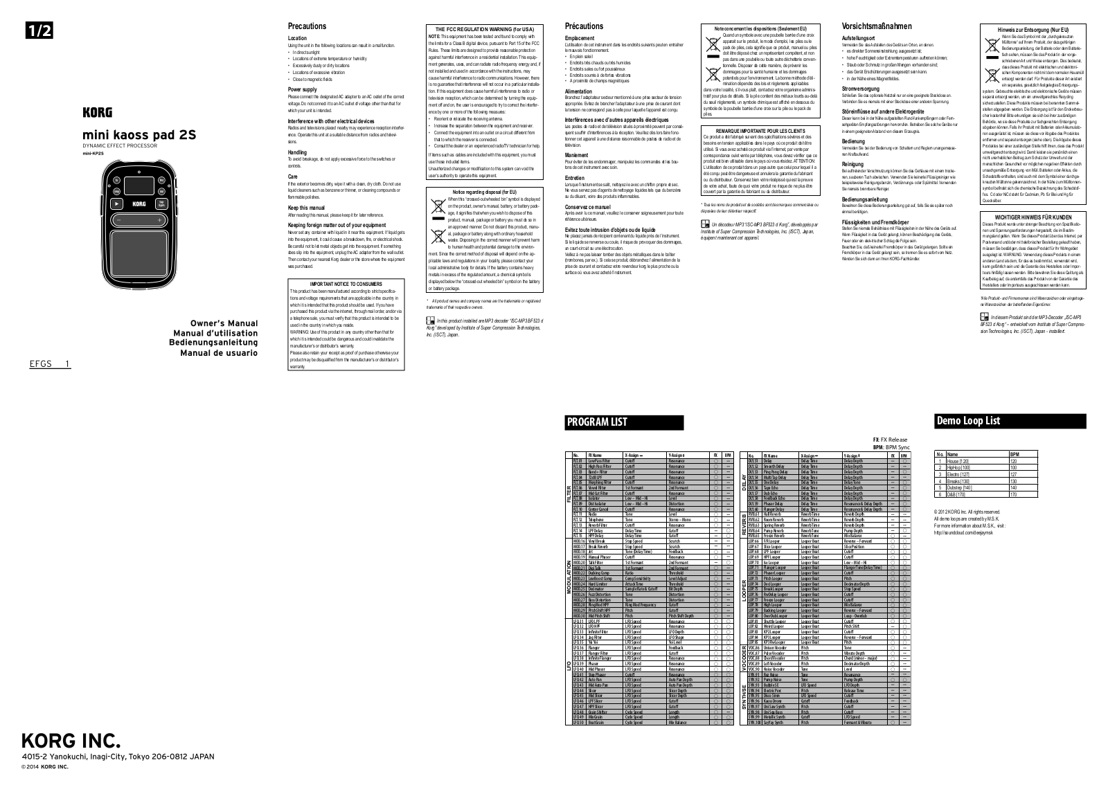 Korg Kaoss Pad Mini 2S Owner's Manual