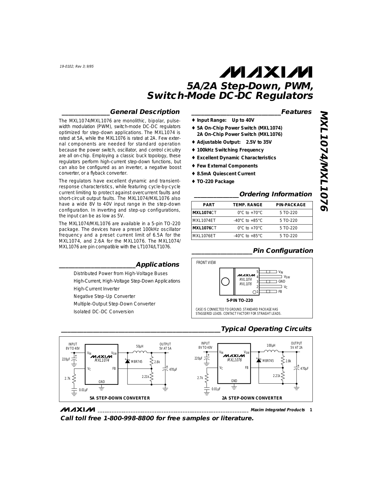 Maxim MXL1074CT, MXL1074ET, MXL1076CT, MXL1076ET Datasheet