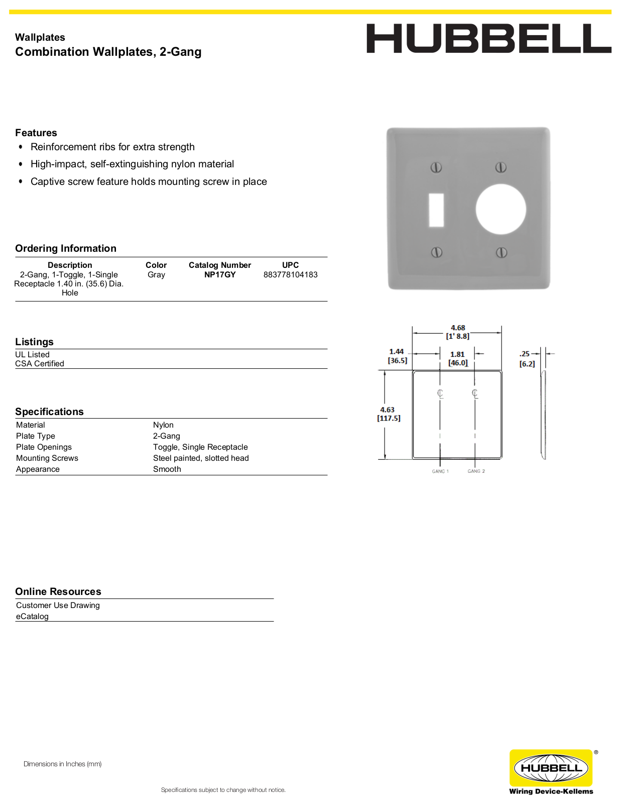 Hubbell NP17GY Specifications