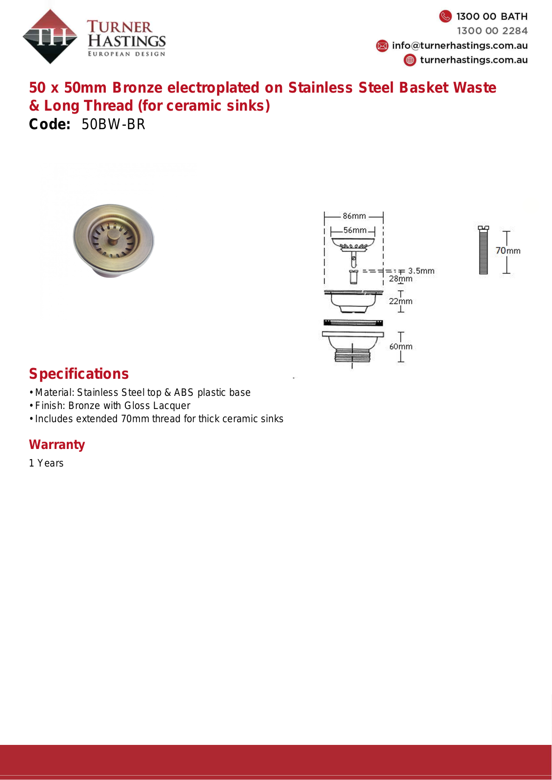 Turner Hastings 50BW-BR Specifications Sheet