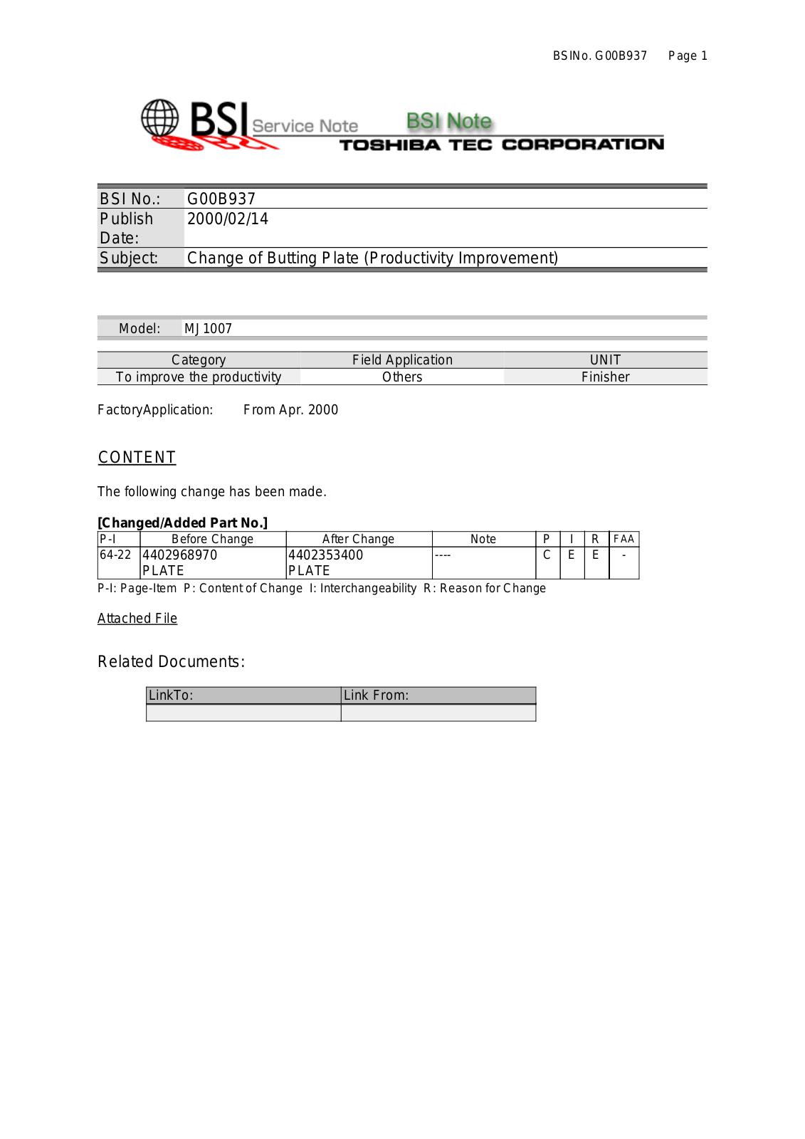 Toshiba g00b937 Service Note