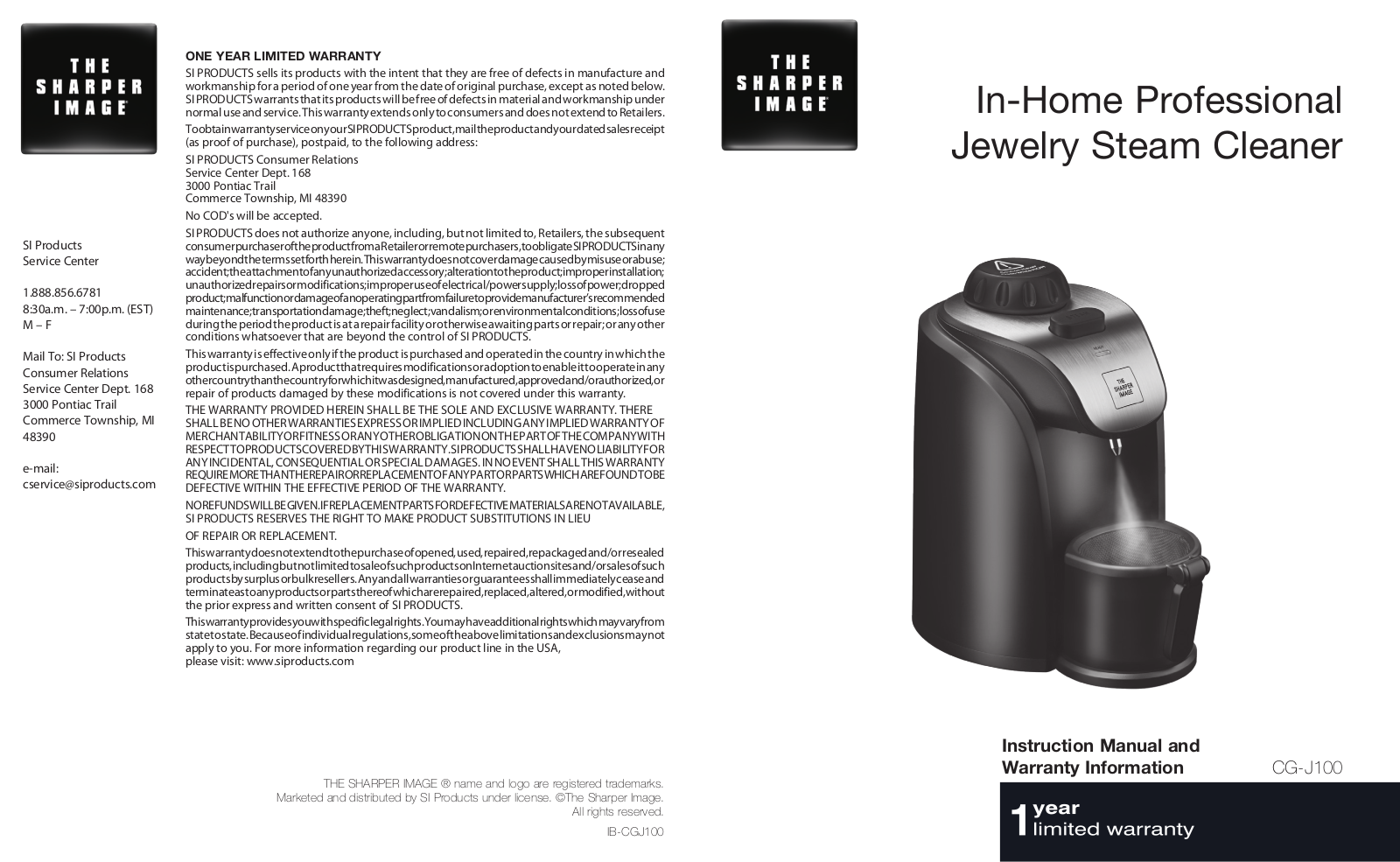 Sharper Image In-Home Professional Jewelry Steam Cleaner,CG-J100 Instruction Manual And Warranty Information