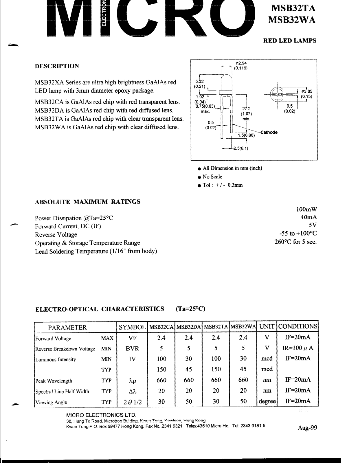 MICRO MSB32CA, MSB32WA, MSB32DA, MSB32TA Datasheet